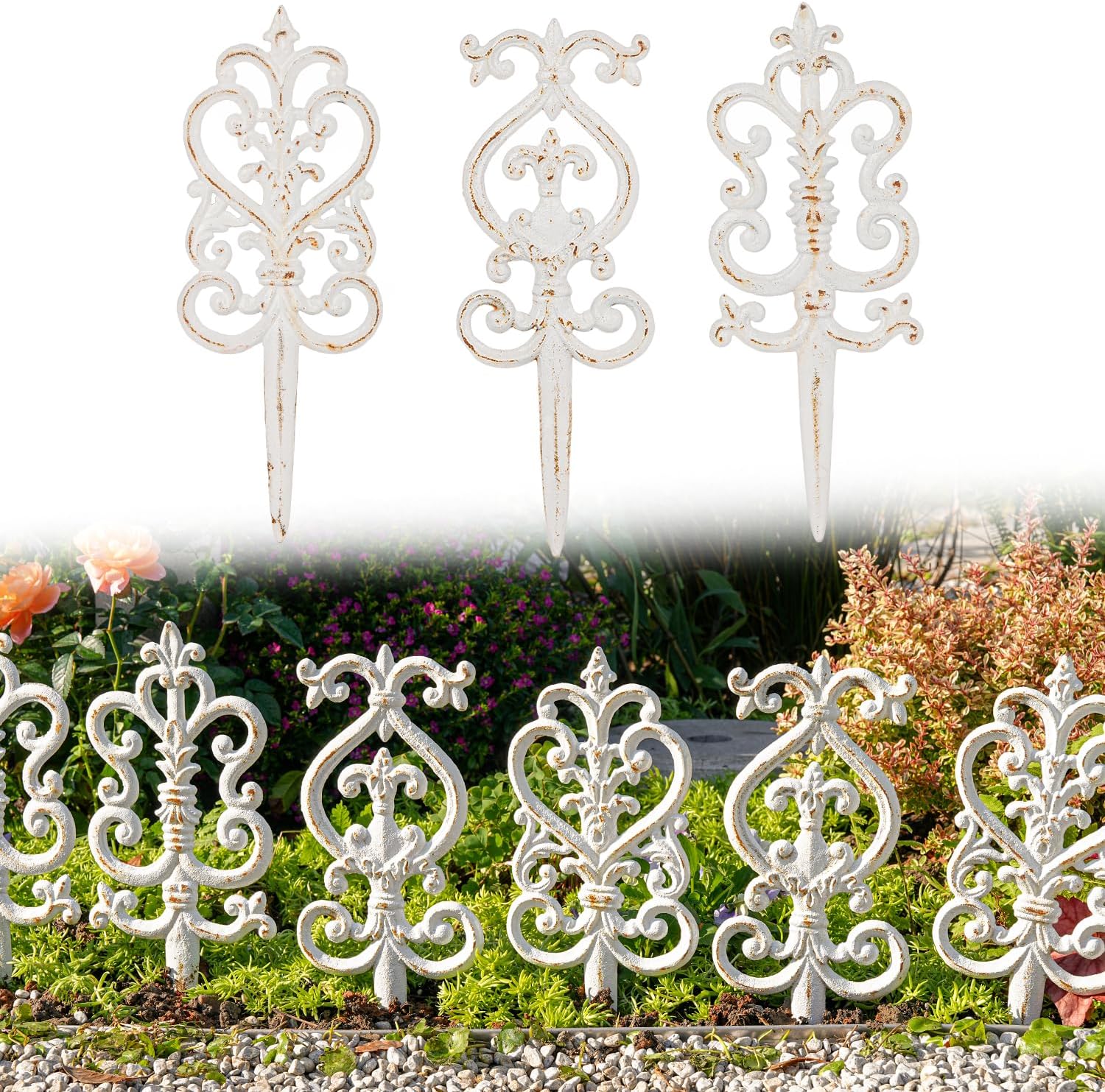 Sungmor Vintage Cast Iron Garden Stakes - 3PCS Ornate Metal Plant Stakes for Yard Art, Patio,Lawn Ornamentation,5.3inch Tall Antique White Finish,Exquisite Garden Decor