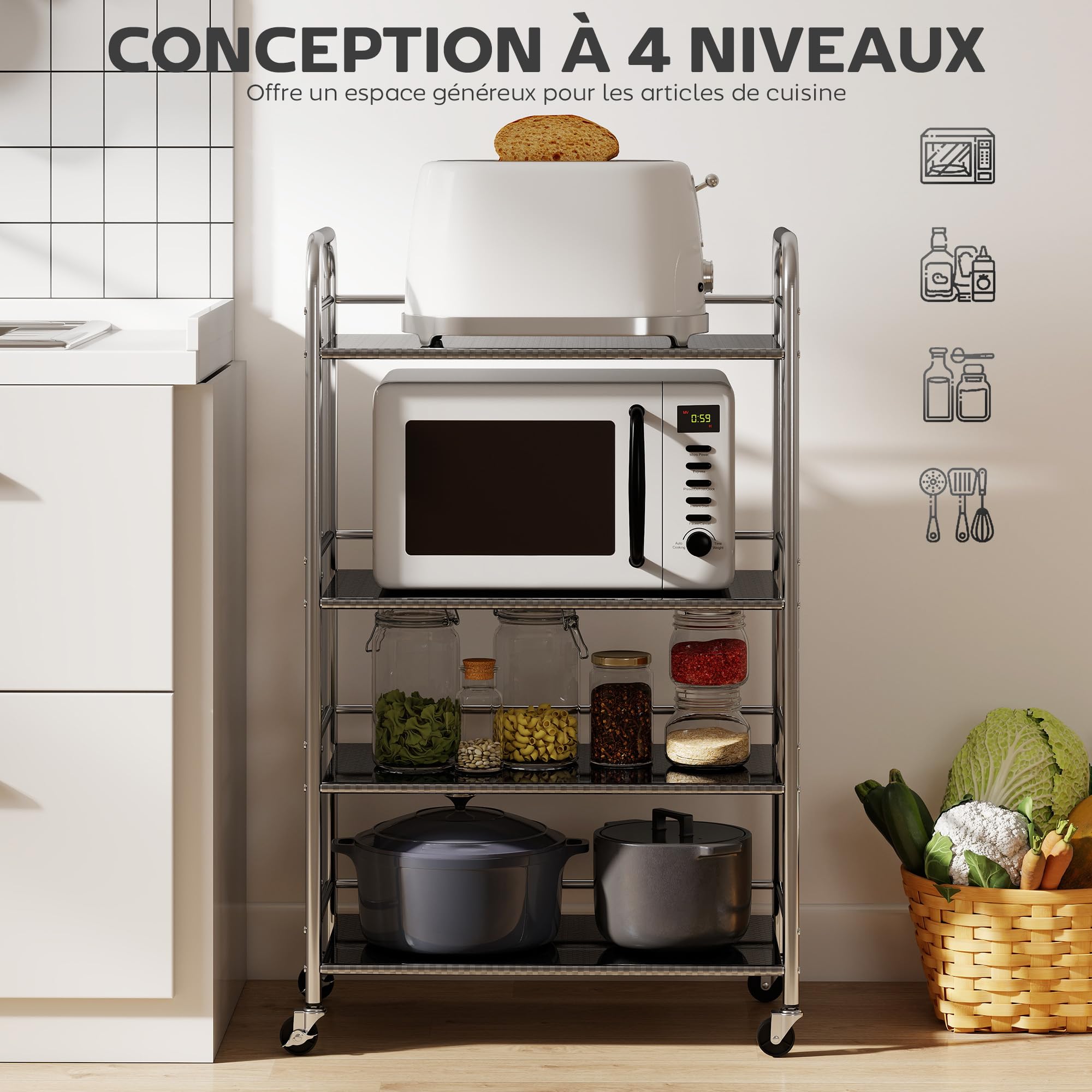 HOMCOM Desserte Cuisine à 4 Niveaux 4 Étagères 60 x 35 x 100 cm Argenté