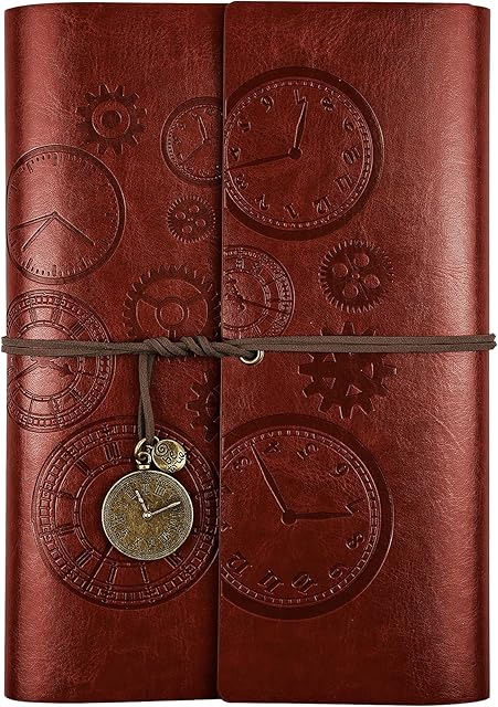 Leather Journal Notebook, Refillable Notebook with Lined Pages Vintage Writing Travelers Notebook Spiral Bound Journal, Gift for Men and Women Classic Embossed Retro Pendants 23x16.5cmA5, Brown)