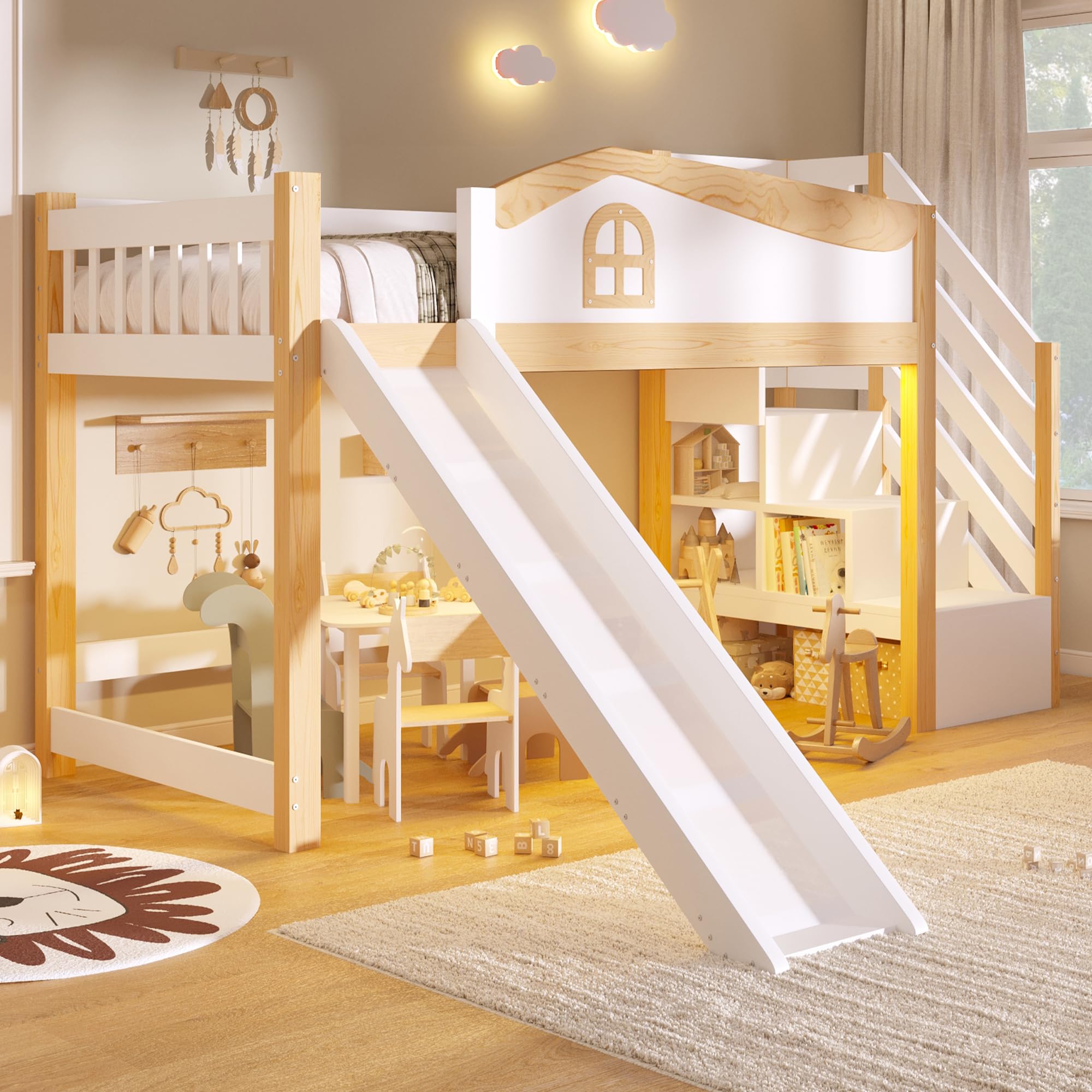 BTM Halbhohes Bett 90x200 Holz Hochbett mit Rutsche, Stauraum Treppe Kinderhochbett mit Rausfallschutz, Weiß + Natur