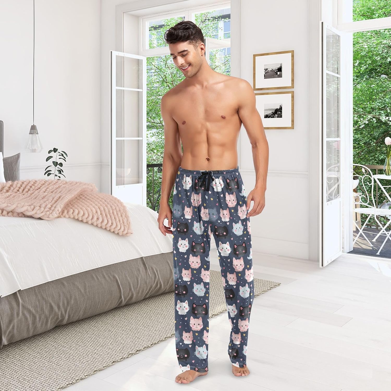 ALAZA Cat Cute Kitten Cartoon Men's Sleepwear Mens Pajama Pants Bottoms with Pockets, S