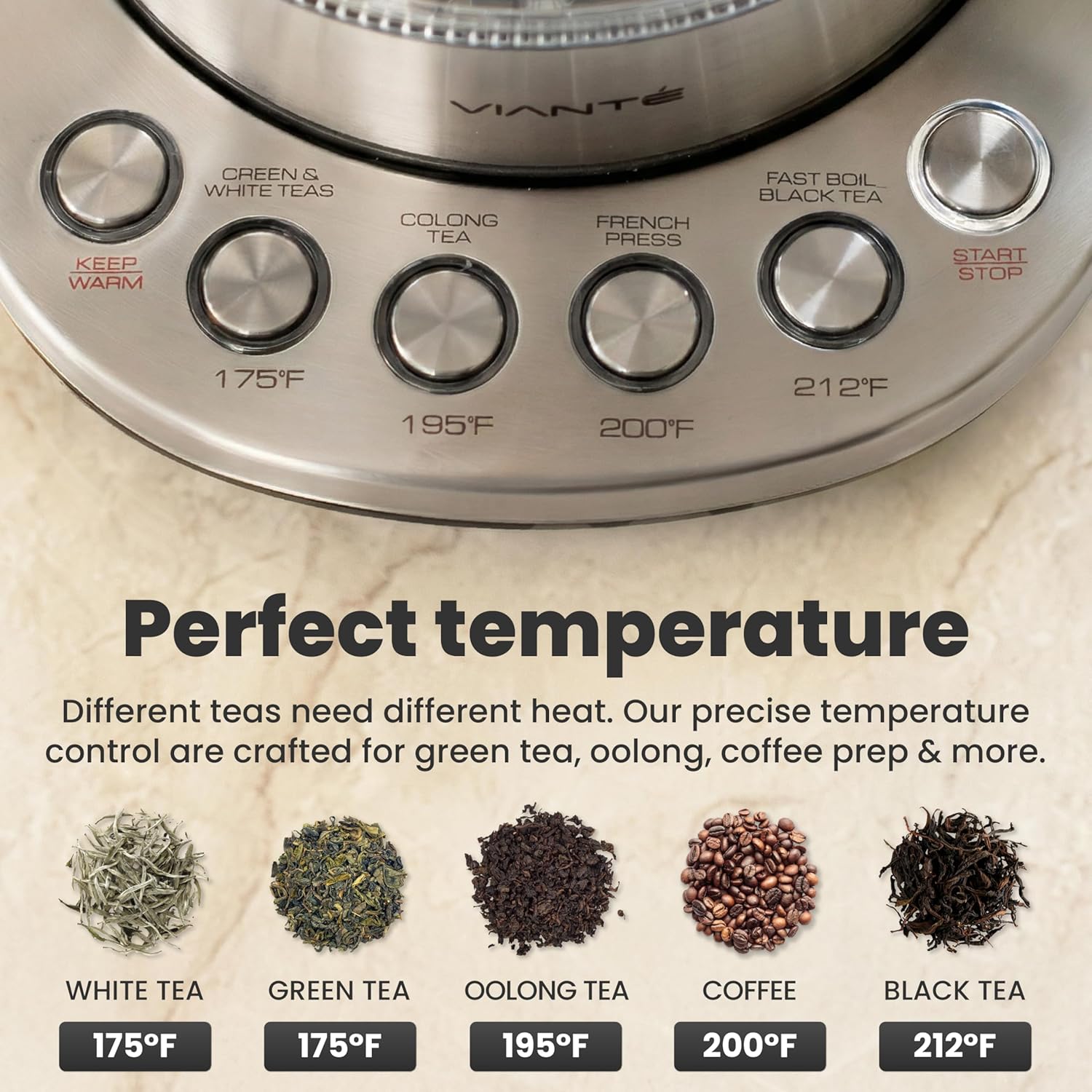 Viante Electric Kettle With Infuser. No Plastic In Contact With Water. Hot Tea Maker With Temperature Control And Automatic Shut Off. Tea Kettle With Brewing Programs. 1.5 Liters Capacity - Image 4