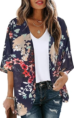 Cárdigan tipo kimono para mujer, de manga abombada con estampado floral, casual