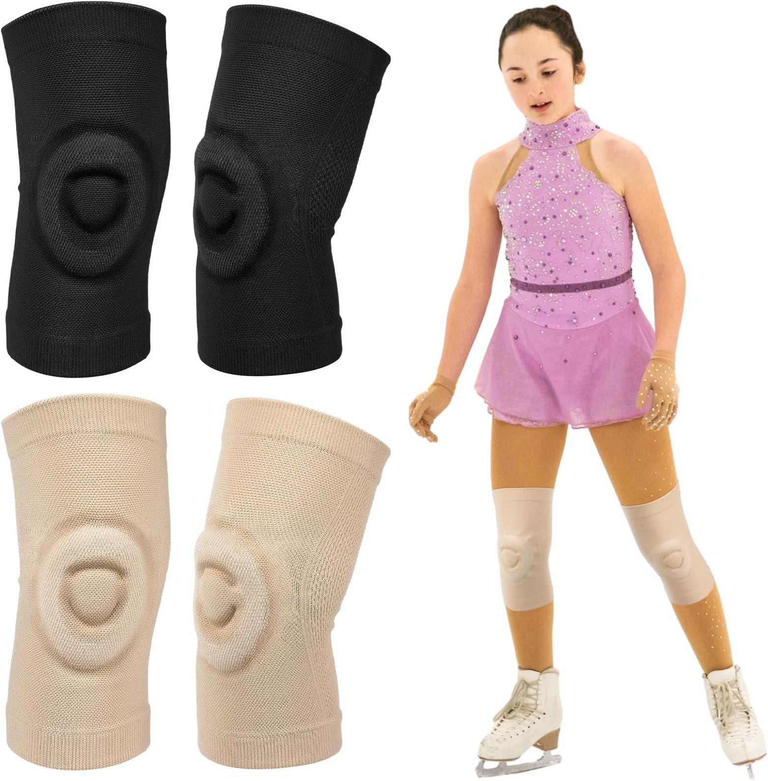 Shappy 2 Pair Figure Ice Skating Knee Pads Gel Dance Knee Pads Cushion and Support Breathable Material for Dancing Skating Women Girl Men(Medium,Beige and Black)