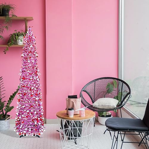 Miniatura 6 de Árbol de Navidad artificial para el día de San Valentín con 100 luces, árbol de Navidad plegable de oropel de 5 pies con bolas de Navidad,