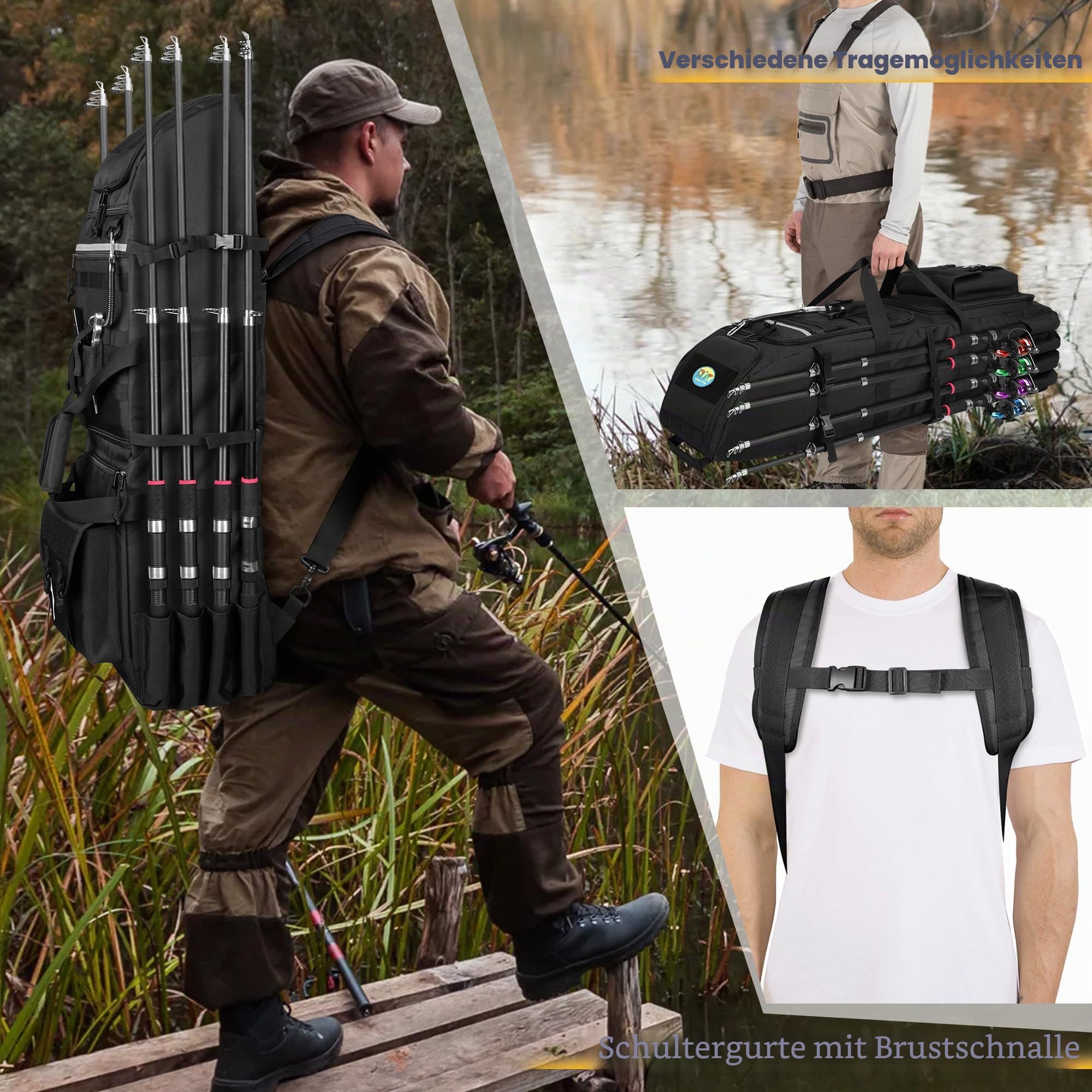 Rexmica Angelrucksack mit Rutenhaltern für 8 Outdoor-Angelrute, Schwarz | Angelrutentasche mit Fächern für Tackleboxen, Große Angelausrüstung Rucksack für Angeln Wandern Camping Trekking