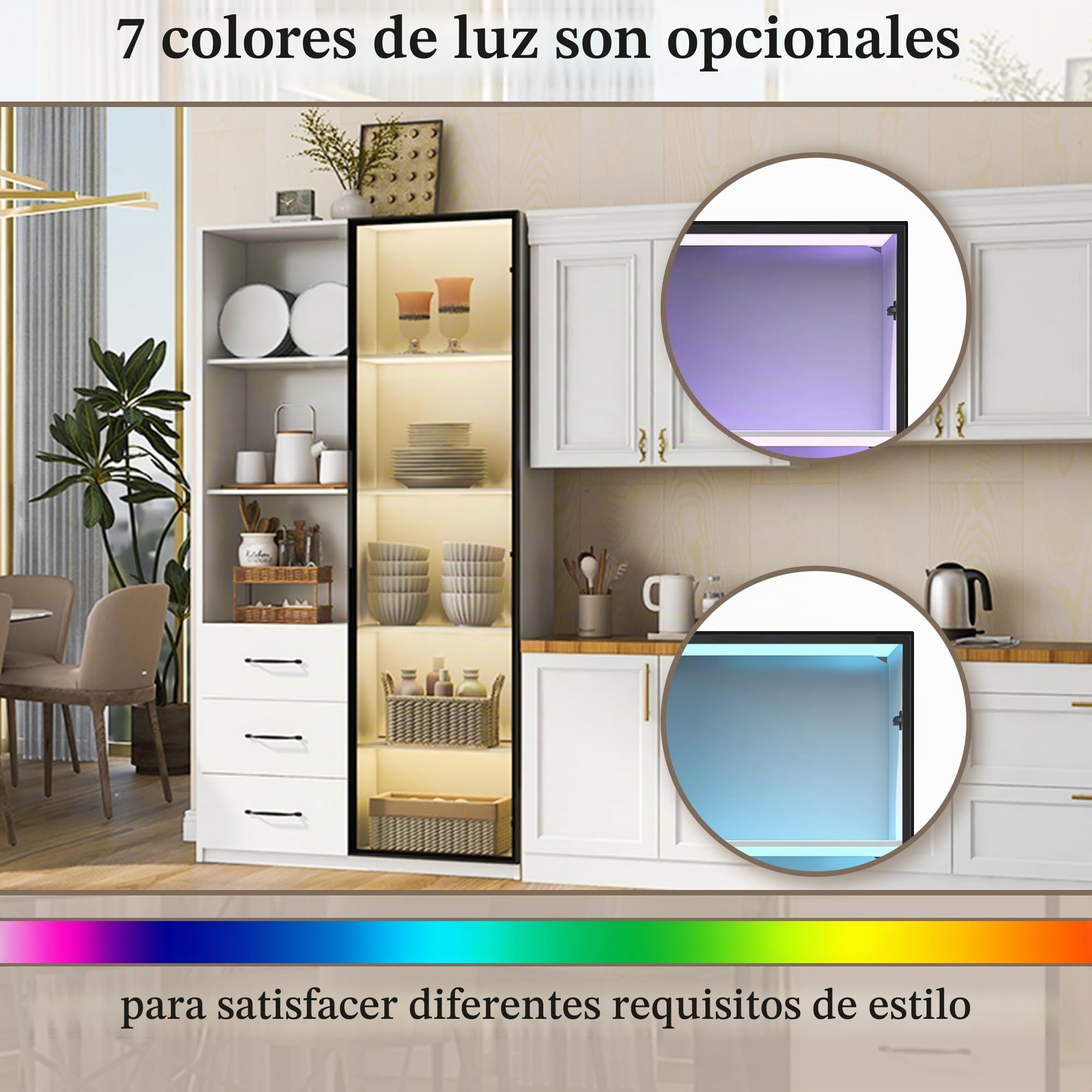 Merax Vitrina LED de 80 x 40 x 160 cm, estantería con puerta de cristal templado, 3 cajones y 3 compartimentos abiertos, marco de aluminio, LED multicolor, armario de cocina, color blanco