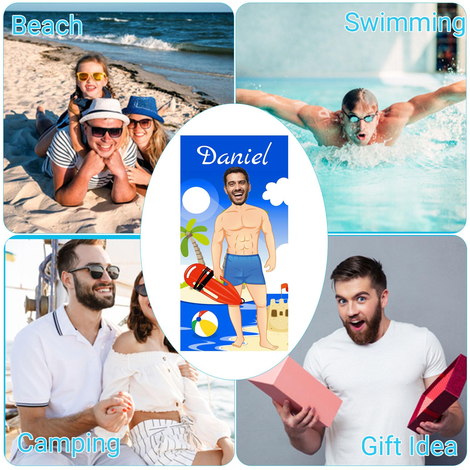Personalized Kids Beach Towel – Custom Photo & Name Towel, Quick Dry Microfiber, Sand Resistant (70x35 Inch)