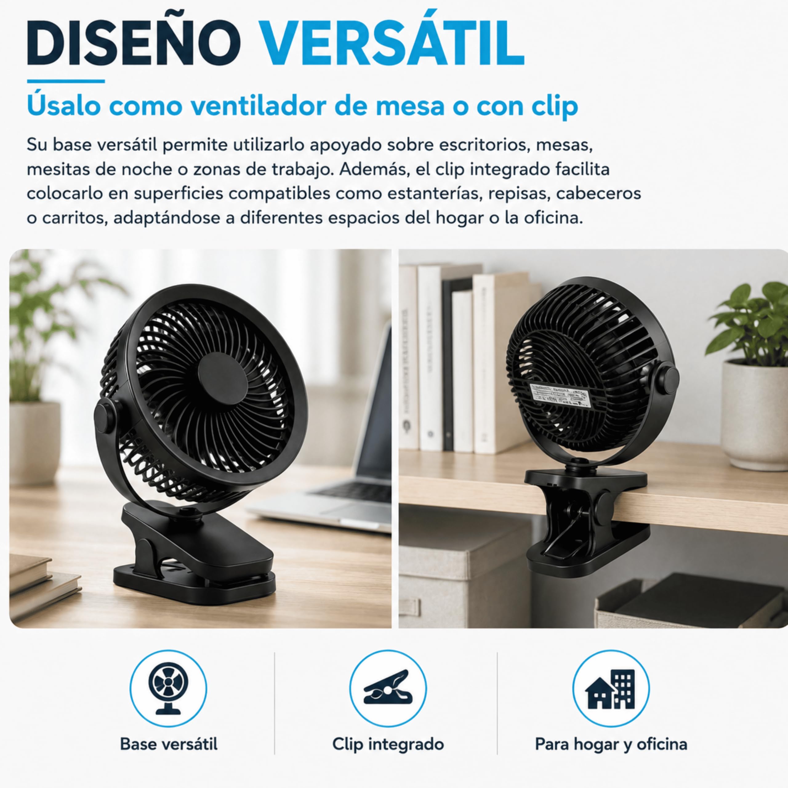 MUNTRADE Pack 5 Ventiladores de Mesa Negro con Clip Recargable USB | 3 Velocidades, Batería 800 mAh, Mini Ventilador Portátil, Escritorio, Oficina, Dormitorio, Viaje y Camping