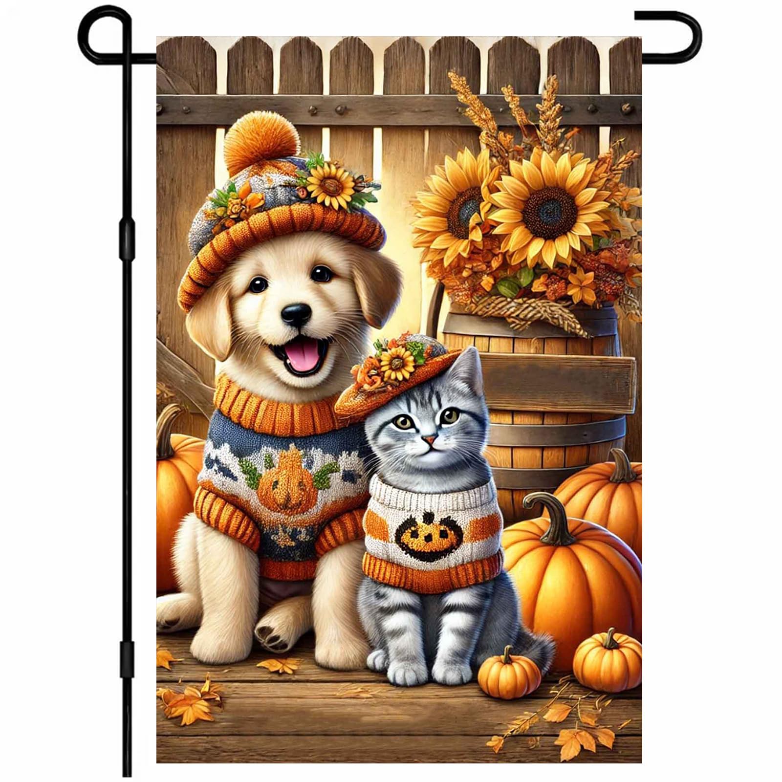 Thanksgiving Fall Garden Flag 12x18 Inch Welcome Golden Retriever Puppy and Tabby Cat Outdoor Flag Double Sided Autumn Pet Yard Banner Pumpkin Sweaters and Sunflowers for Porch Lawn Patio