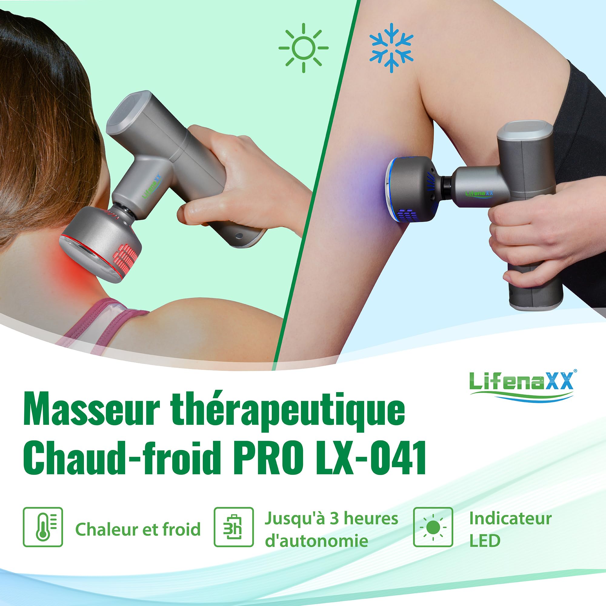 Pistolet de massage LX-041 Lifenaxx pour tissus profonds, 3 niveaux de chauffage et de refroidissement, 5 têtes, 4 niveaux massifs, chargé par USB, 2000mAh – Utilisation après le sport et au quotidien