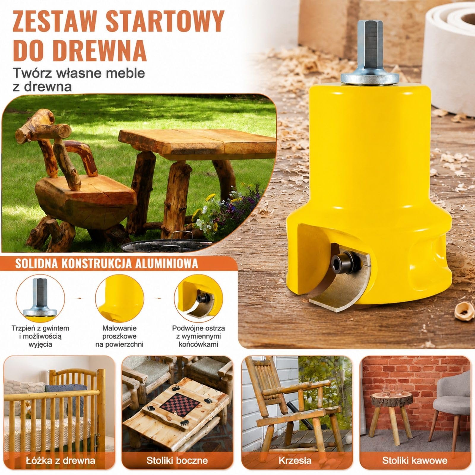 Frez czopowy z wiertłami Forstnera, żółte aluminium i stal, 6 zakrzywionych ostrzy, do łóż belek balustrad ogrodzeń stołów