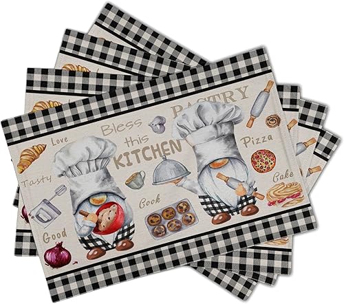 Miniatura 2 de Juego de 4 manteles individuales de gnomos de chef, 12 x 18 pulgadas, a cuadros de búfalo, para cocina, granja, lavables, a prueba de calor, para el