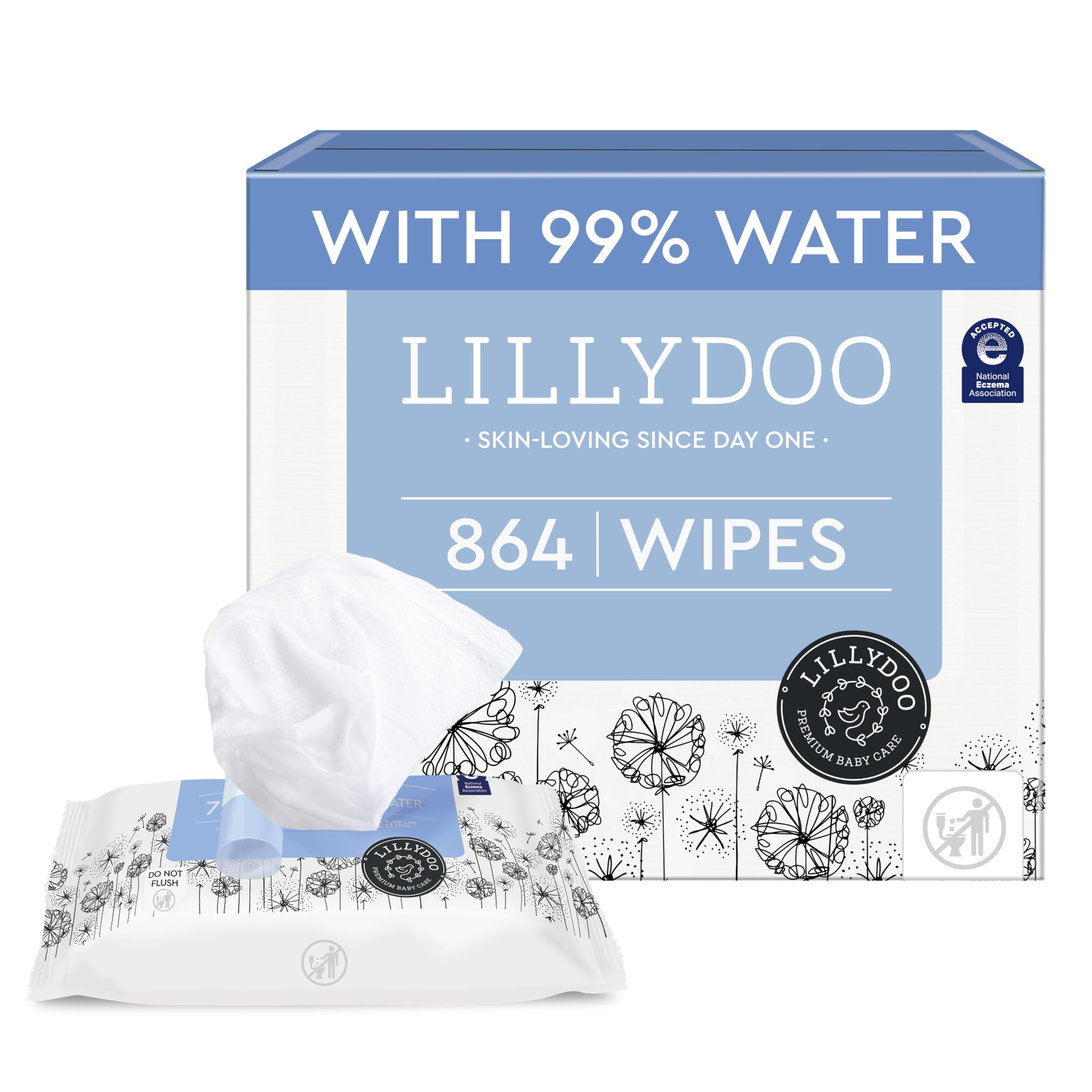 LILLYDOO Baby Wipes with 99% Water – Unscented, Hypoallergenic, Plant-Based, Strong & Plastic-Free, Compostable, 12 resealable Packs x 72 (864 Wipes