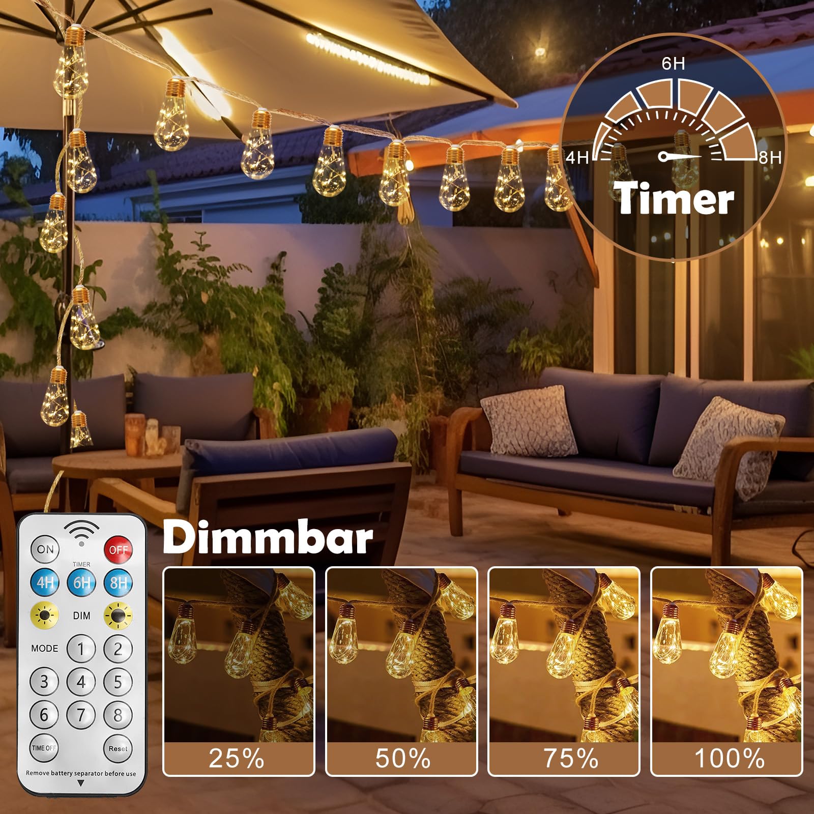 2 luci solari per esterni, 16 m, 32 lampadine, 8 modalità, catena di luci solari per esterni, impermeabile, IP65, per giardino, terrazza, balcone, matrimonio, bianco caldo