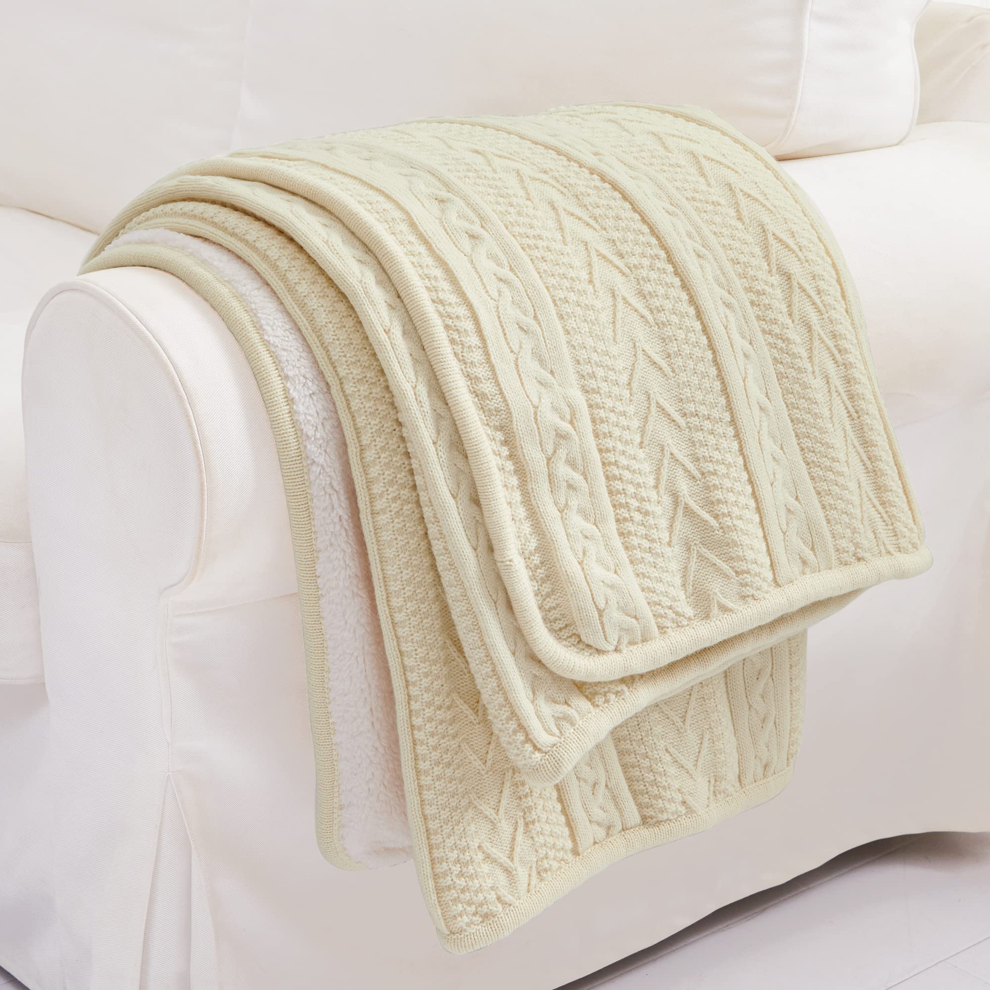 Longhui bedding Manta Sherpa de Punto Trenzado acrílico de 50 x 63 Pulgadas, Gruesa, Suave, Grande, acogedora Manta de Forro Polar Beige para sofá, Cama, Colcha Grande para Todas Las Estaciones