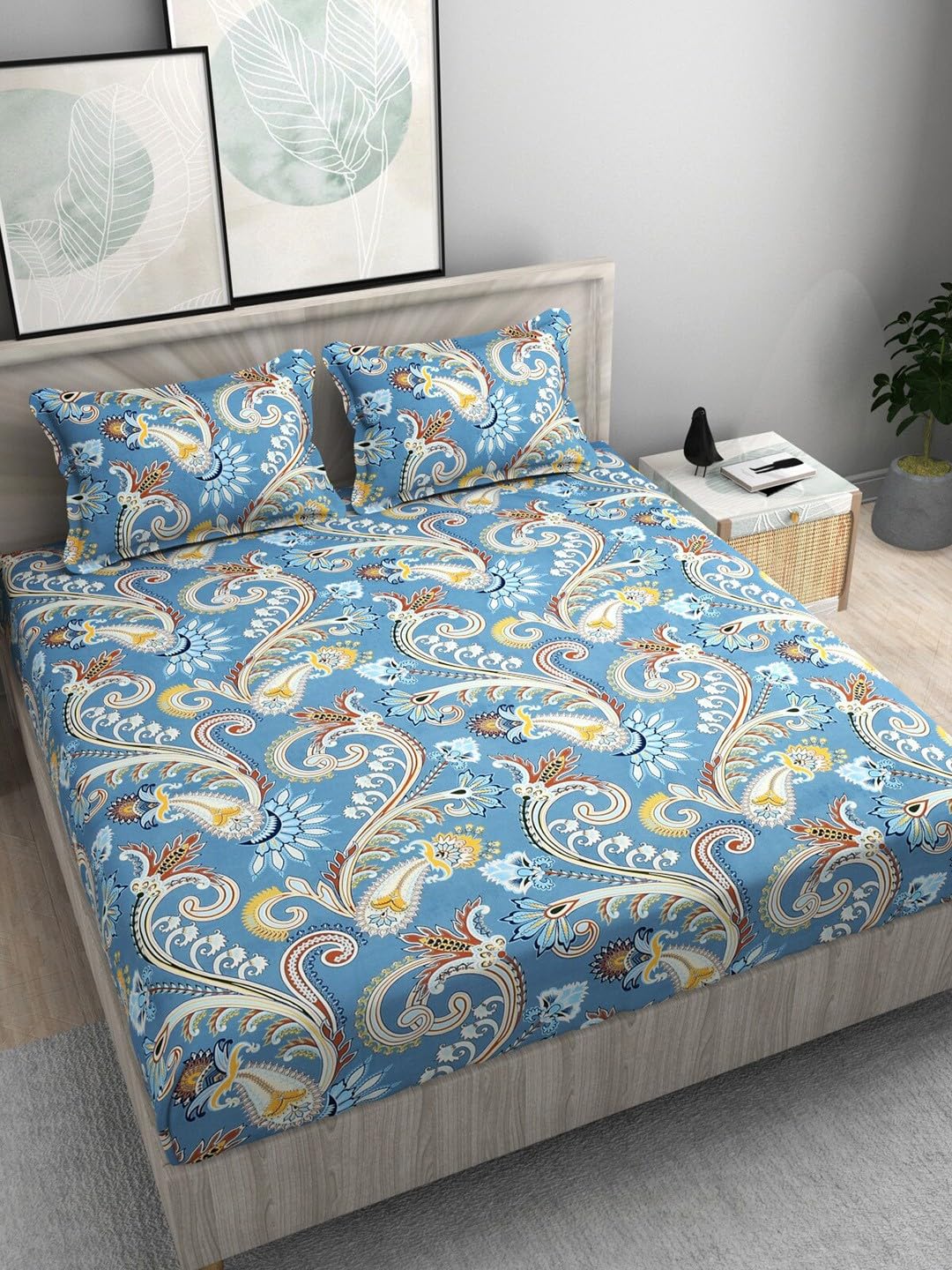 DECOMIZER 300 TC Cotton Feel Glace Cotton Elastic Fitted Printed King Size Double Bed Bedsheet with 2 Pillow Coverm Fits Upto 8 inches Mattress,Size- 72x78x10 Inches,Navy Ambi