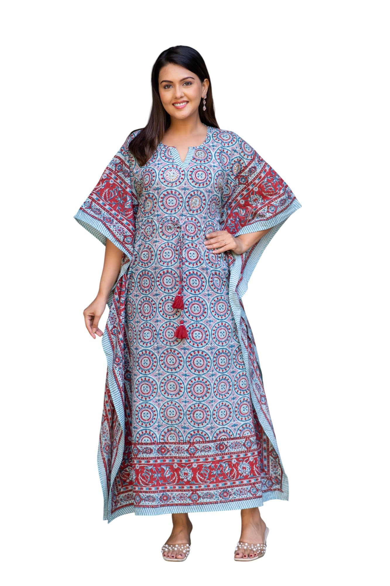 Women’s Cotton Hand Block Printed Kaftan | Resort Wear, Beach Cover-Up & Nightwear | Comfortable Ethnic Long Kaftan with Tassel Tie-image-42