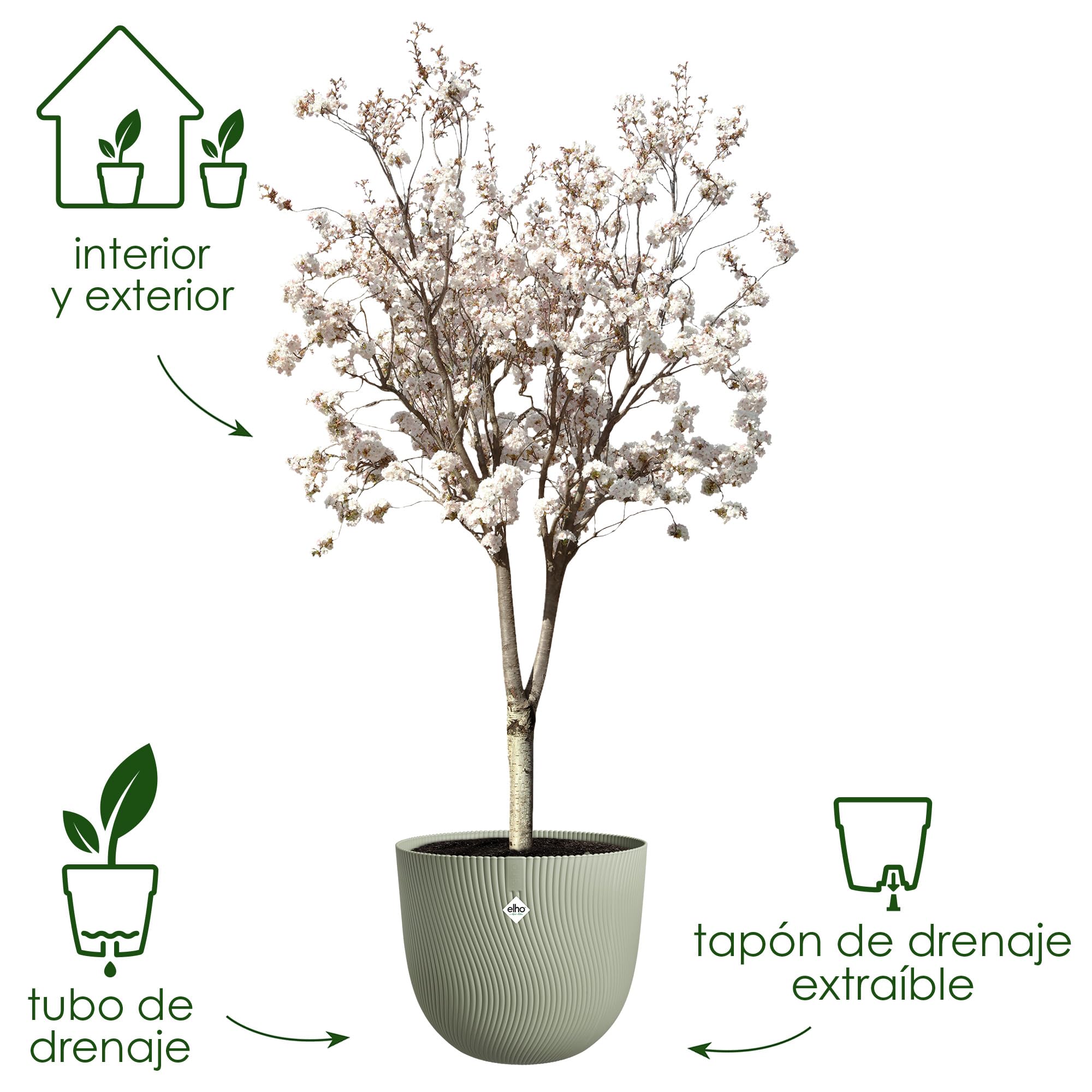 Elho Sereh Round 60cm Maceta - Nordic Green | ∅ 59 x 50.6 cm | Macetero por Interior y Exterior | Plástico 100% reciclado