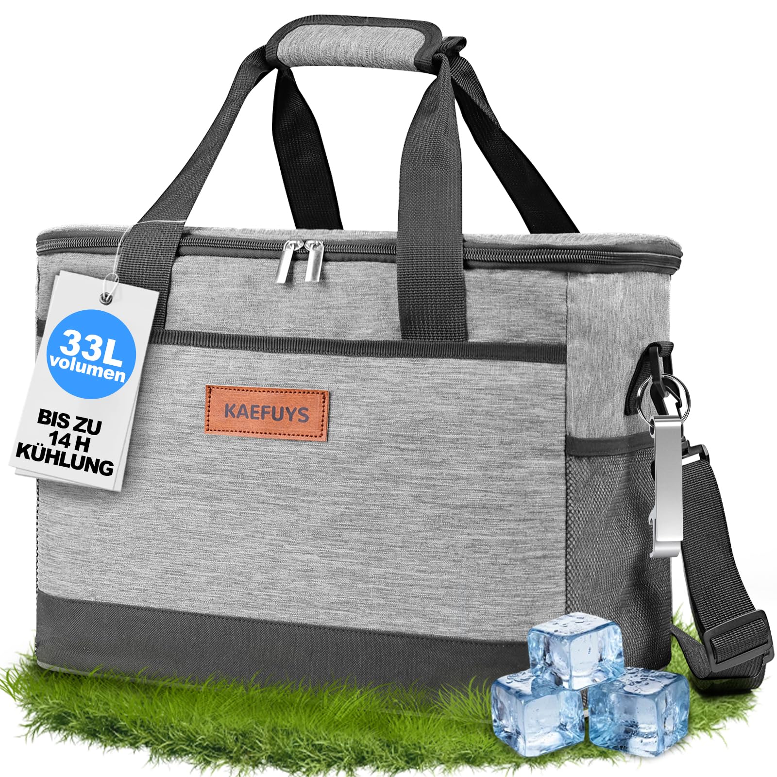 KAEFUYS Kühltasche 33L+14h Kühlung Thermoisoliert Tragbar Faltbar Wasserdicht Groß Picknicktasche für Einkaufen Auto Büro Camping Outdoor Reisen Lebensmitteltransport Proviant Familie Grillen Grau