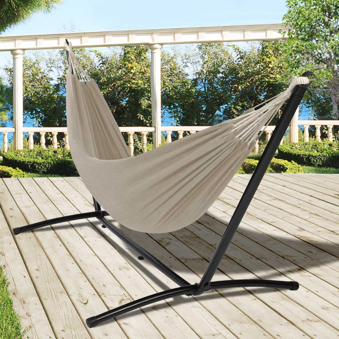 IDMarket – Hamaca con soporte de metal negro y tela topo