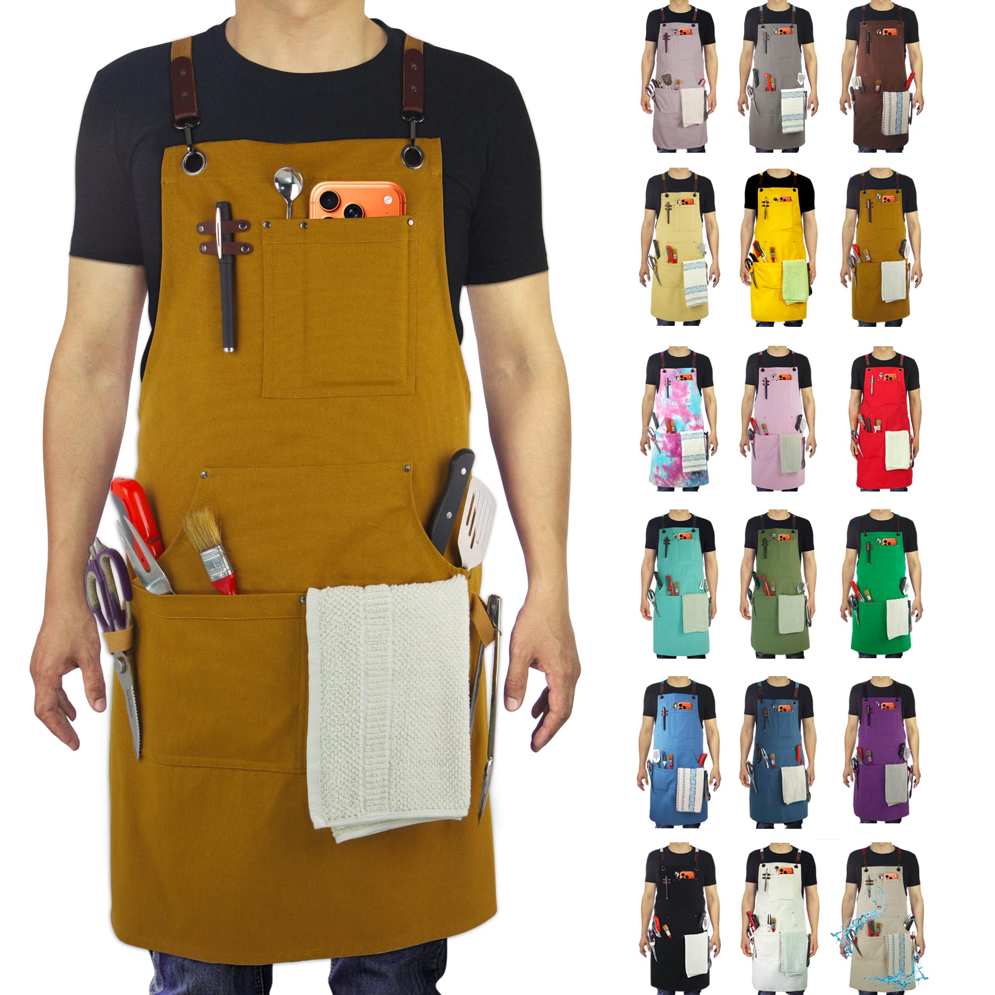 Stenffy Kitchen Apron, Work Apron, Multiple Pockets for Gardening, Artist, Painting, BBQ, Carpenter, Sizes M to XXL, Khaki