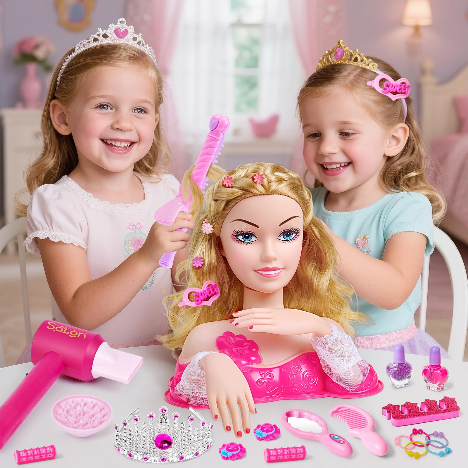 G.C Testa Bambola da Truccare e Pettinare Giocattoli Bambina 4 5 6 7 8 Anni con Asciugacapelli Smalto Pelabile Unghie Trucchi Corona Accessori per Capelli,Set Parrucchiera Bambina Regalo Compleanno