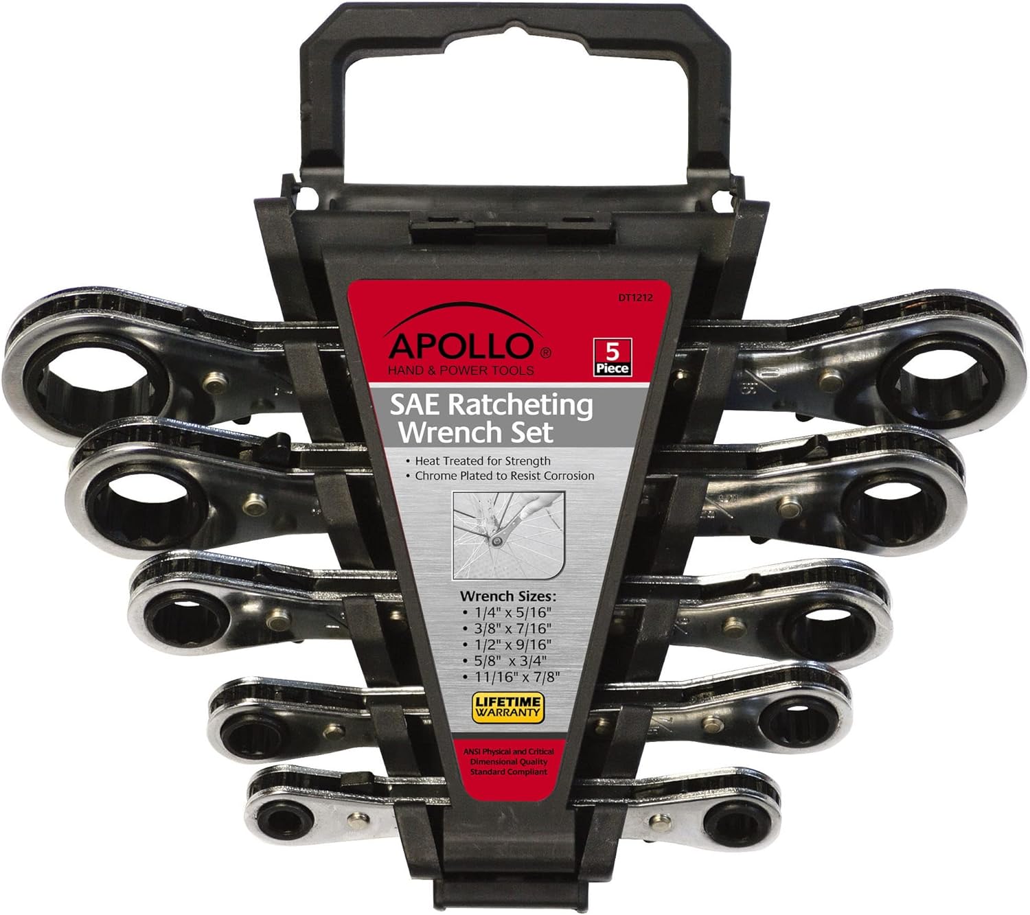 Apollo TOOLS 5 Piece SAE Steel Ratcheting Wrench Set includes 5 Ratcheting Wrenches in Quick Release Case for Trunk, Garage and on the Road - DT1212