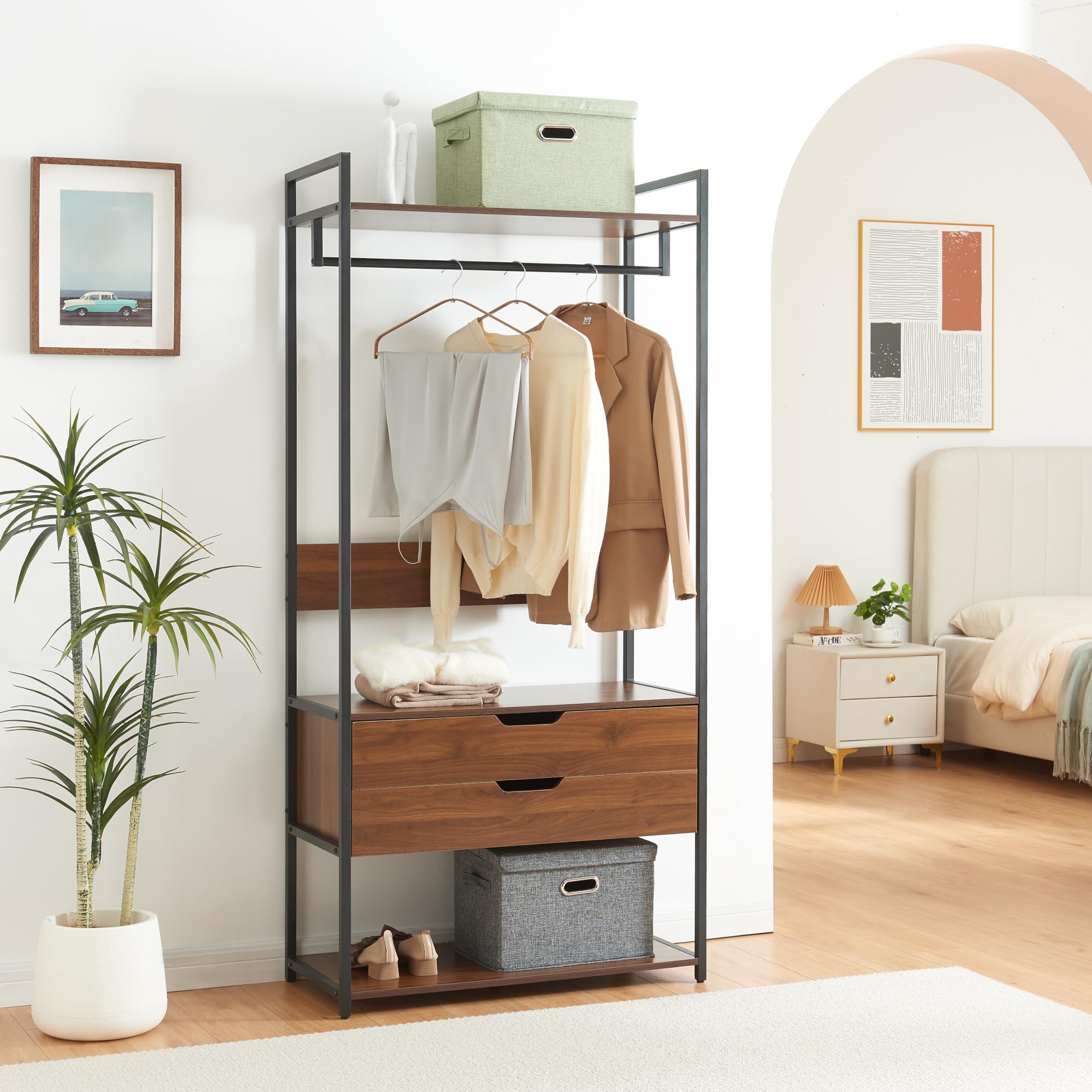 [en.casa] Set di 2 Mobili Organizzatori Guardaroba con Barre Appendiabiti Ripiani e 2 Cassetti Mobili Porta Abiti per Camera da Letto Cabina Armadio - Nero/Effetto Noce