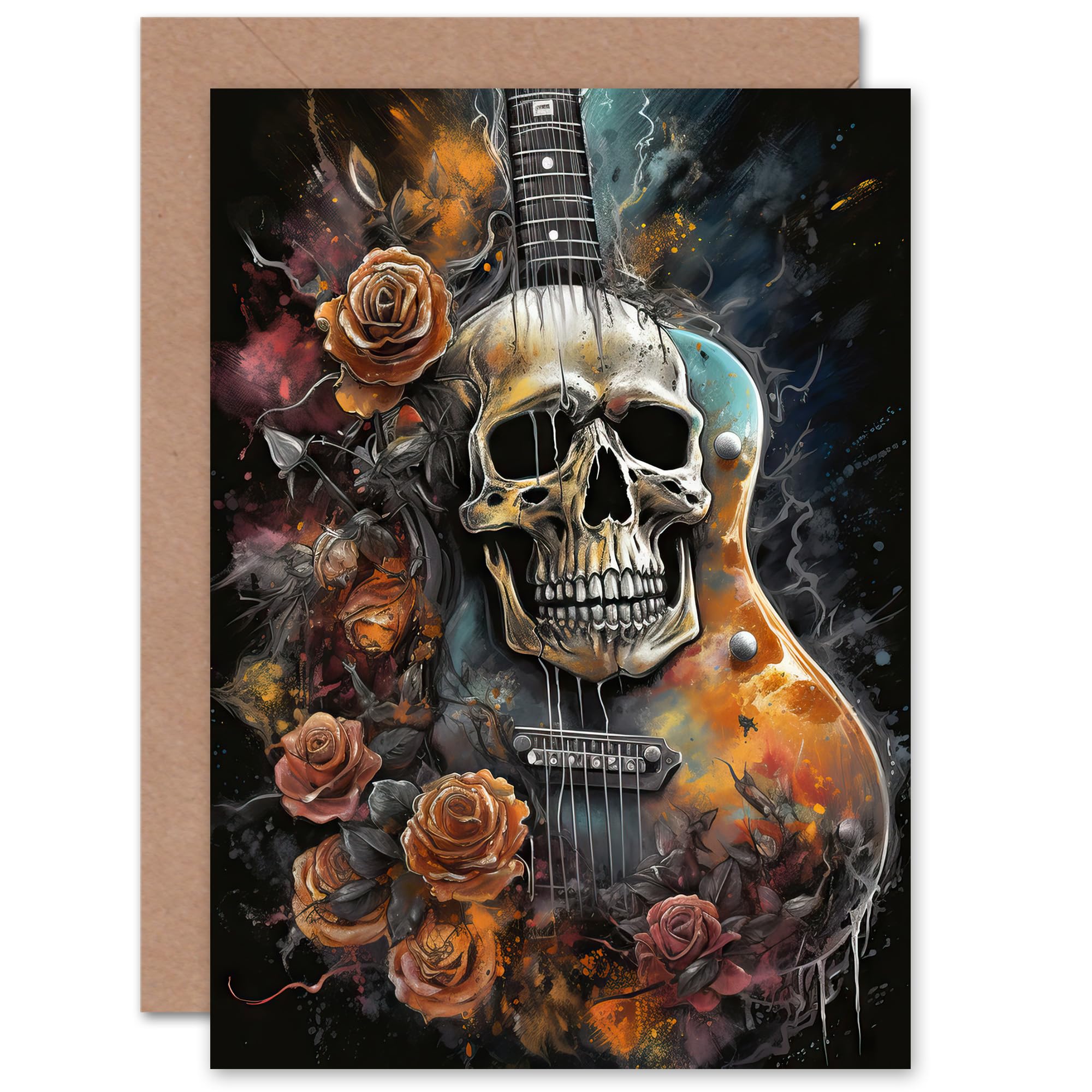 Artery8 Guitar With Roses and Skull Thrash Metal Gothic for Him or Her Man Woman Birthday Thank You Congratulations Blank Art Greeting Card