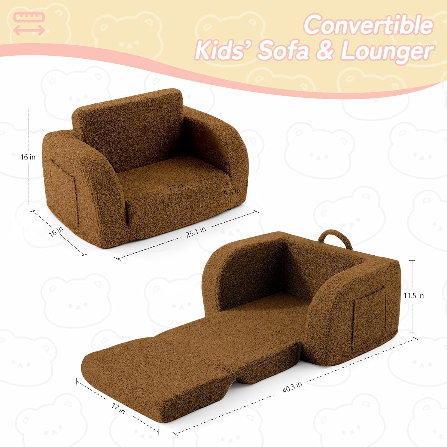 Toddler Couch, 2-in-1 Toddler Chairs Comfy 1-3 Years Old, Toddler Chair for Girls and Boys, Kids Couch Bed Fold Out, Convertible Baby Sofa to Lounge Chair for Playing, Reading, Napping, Brown - Image 3