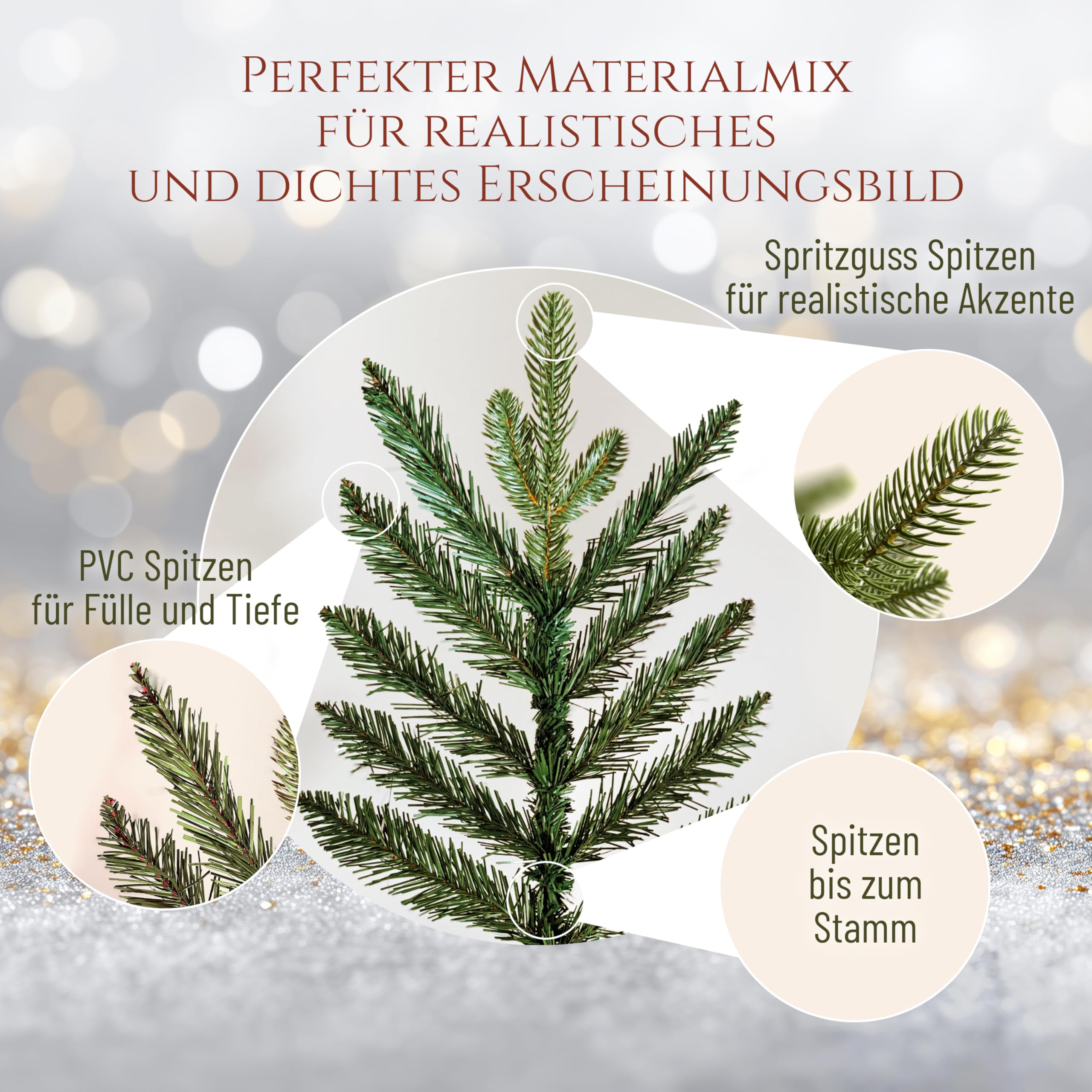Premium Weihnachtsbaum künstlich 180cm - TESTSIEGER 10 Jahre GARANTIE - Naturgetreu, dichte Zweige, Künstlicher Weihnachtsbaum mit Holzständer, Christmas Tree Tannenbaum künstlich 180 cm Pure Living