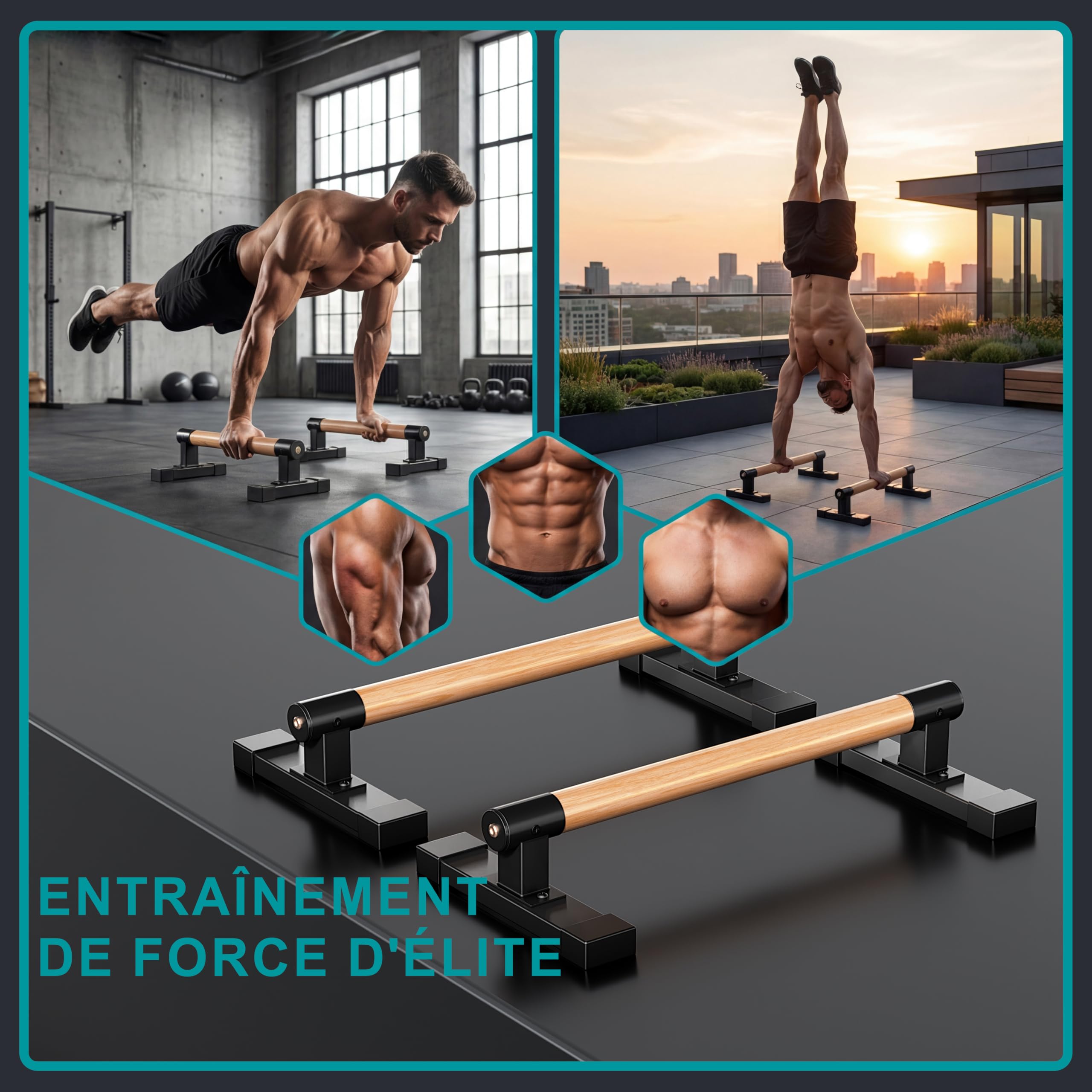 Parallettes, Barres parallèles pour Calisthenics, barres de musculation pour pompes, équilibres sur les mains et entraînement de force avec poignées en bois de hêtre, Équipement de fitness