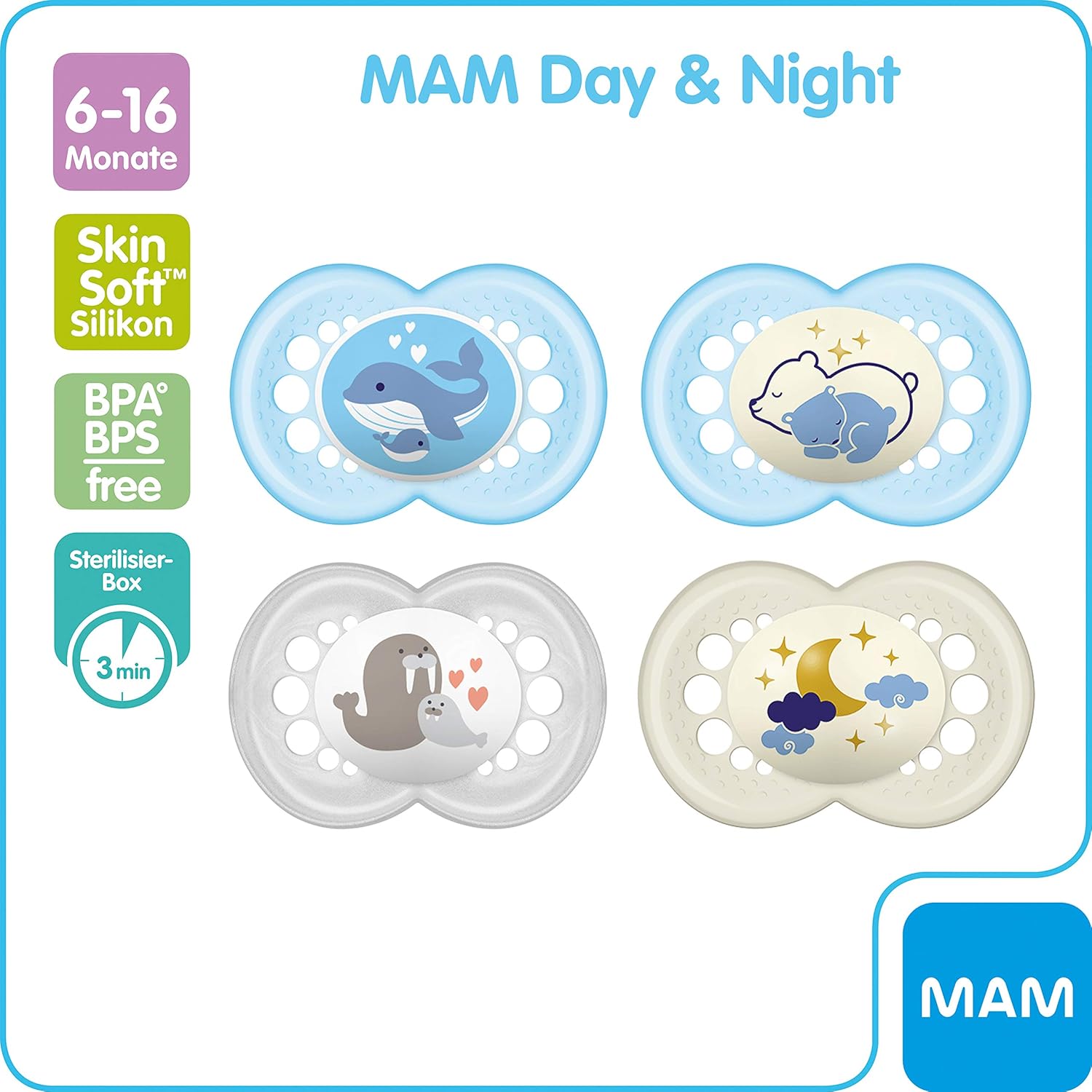 MAM Day & Night Dummy Set in Set of 4, 2x MAM Original and 2x MAM Night, Toothfriendly Silicone