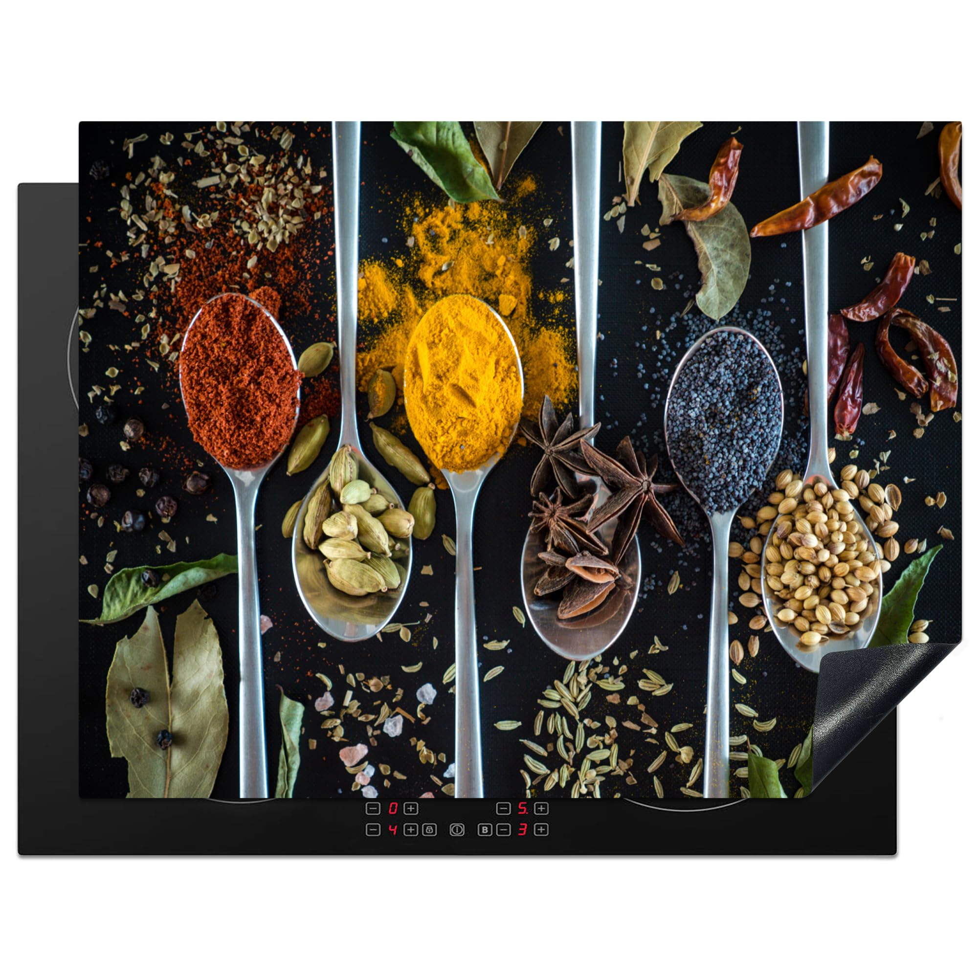 KitchenYeah© Induction Hob Protector Mat 23.2"x30.3" / 77x59 cm Cooker Top Protectors Cover Ceramic Covers Electric Hobs Vinyl Herbs - Spoon - Spices - Black - Kitchen