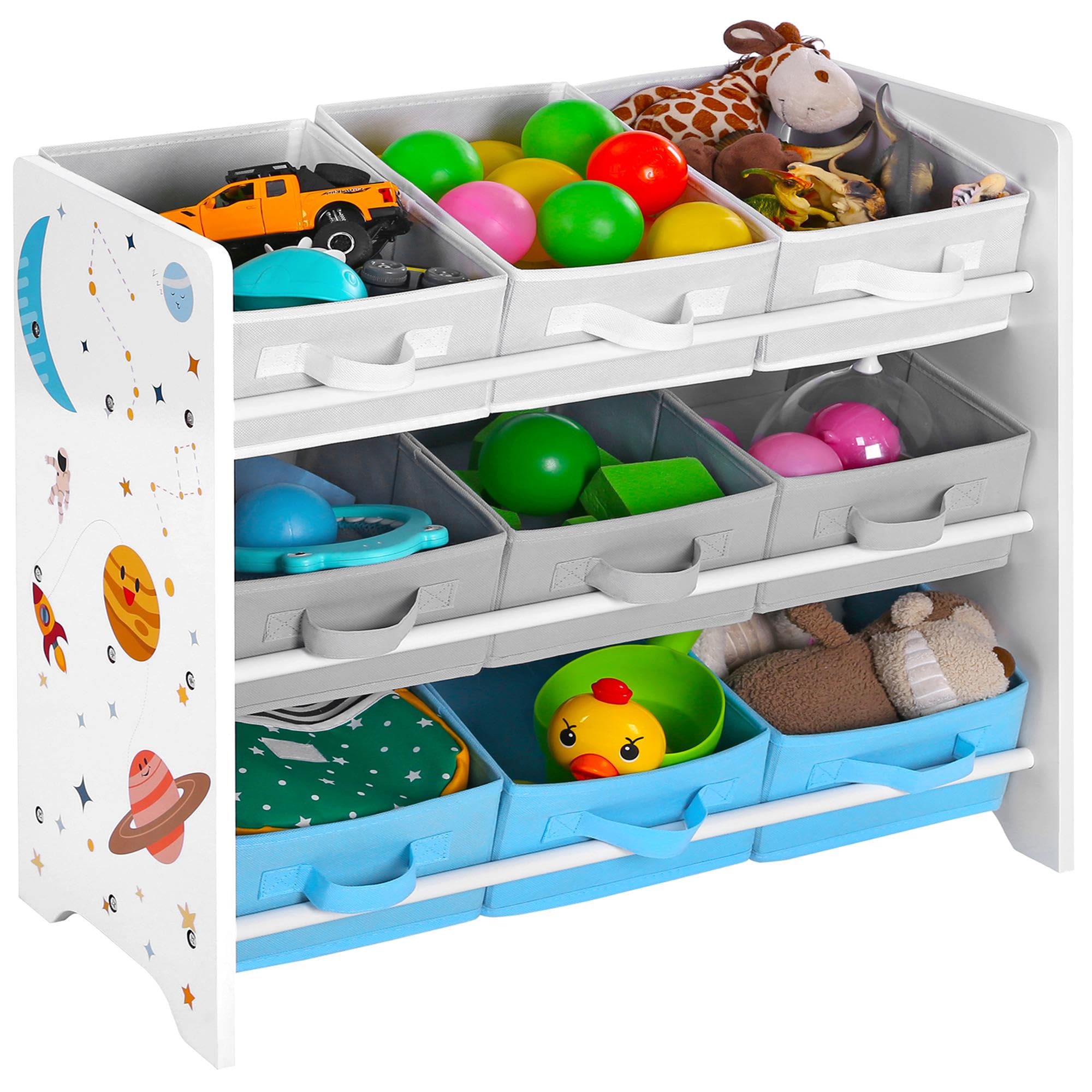 SONGMICS Children's Storage Shelf for Toys and Books, 9 Removable Boxes Non-woven Fabric, for Children's Room, Playroom, Nursery, School, 62.5 x 29.5 x 60 cm, Space Pattern, White GKR33WT