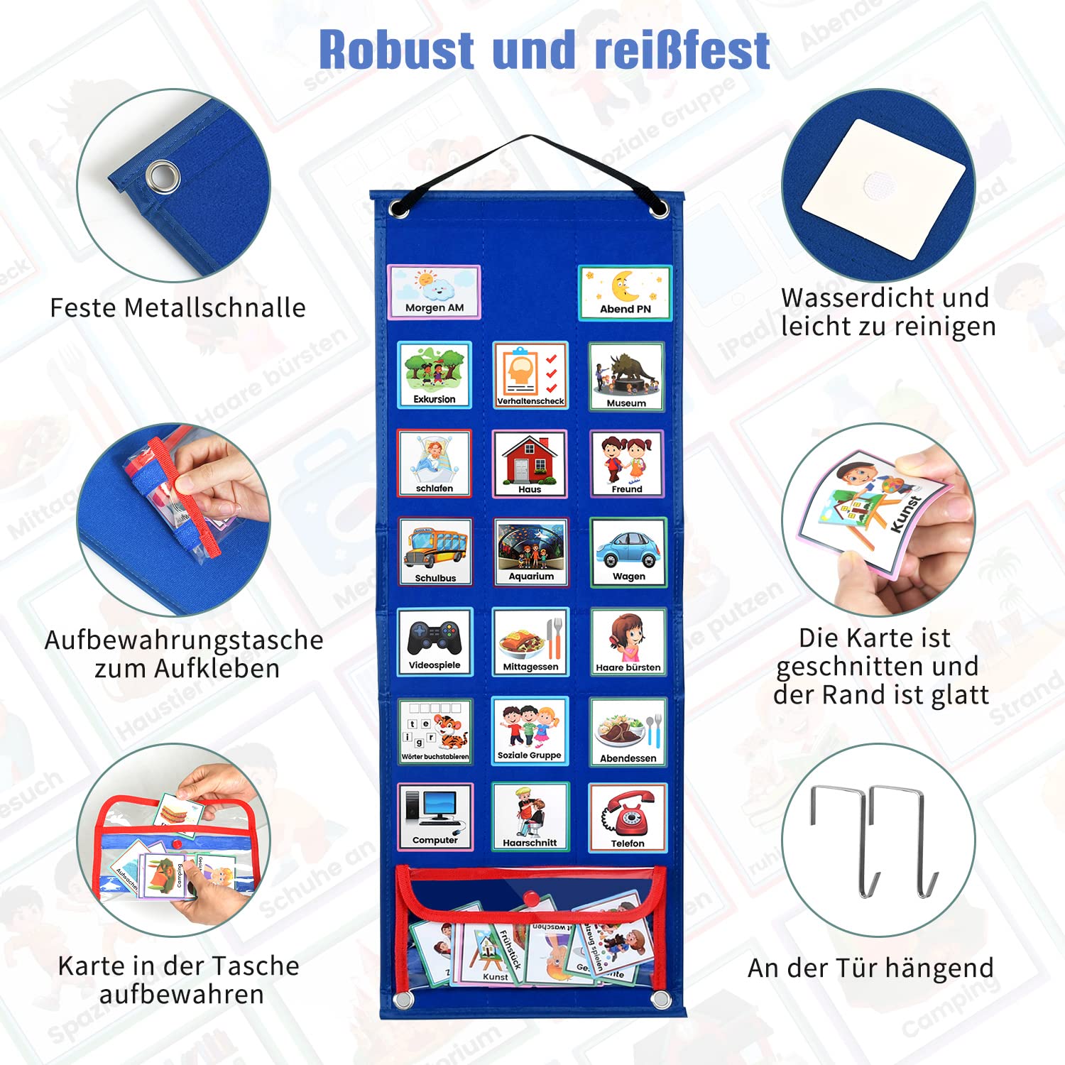 KIKIGOAL Kalender Kinder, Autismus Kinder Kalender Visueller Zeitplan mit 70-Stück deutsche Routine Karten und Klettverschluss Punkte, Vision Board Wochenplaner Routine Zeitplan Karten für Home School