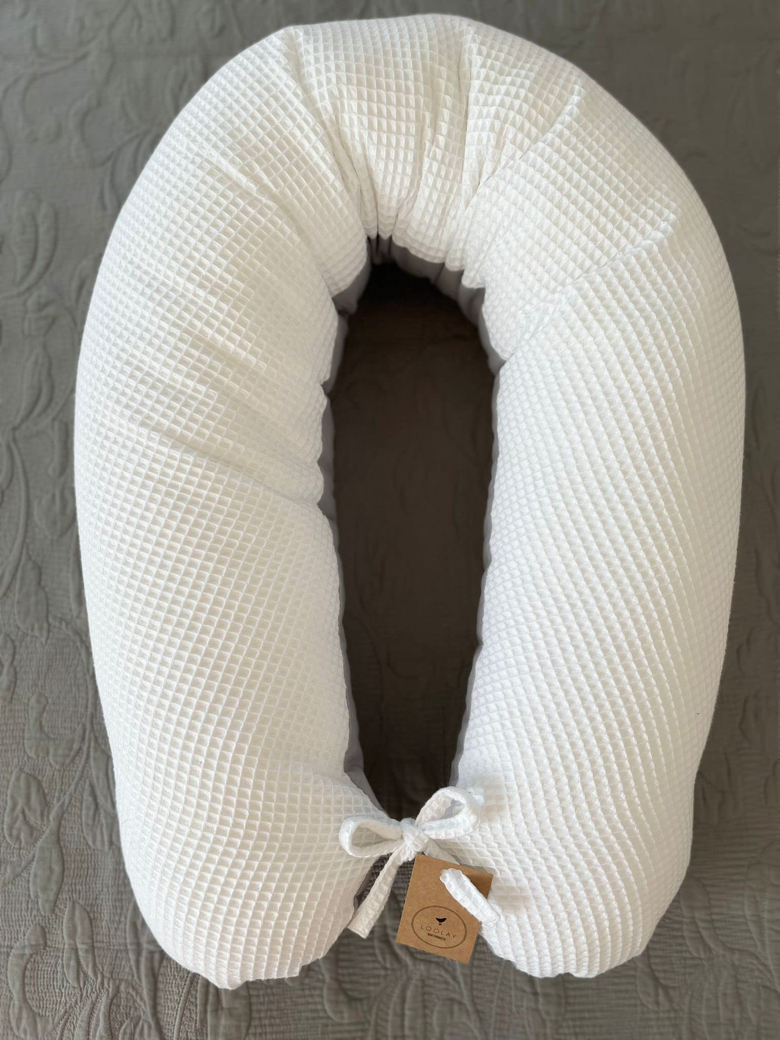LOOLAY Schwangerschaftskissen - Stillkissen 170 cm - Seitenschläferkissen 100% Baumwolle - mit Abnehmbarem Bezug - Ergonomisches Schwanger Kissen für Schlafen (Waffel Weiß/Grau)