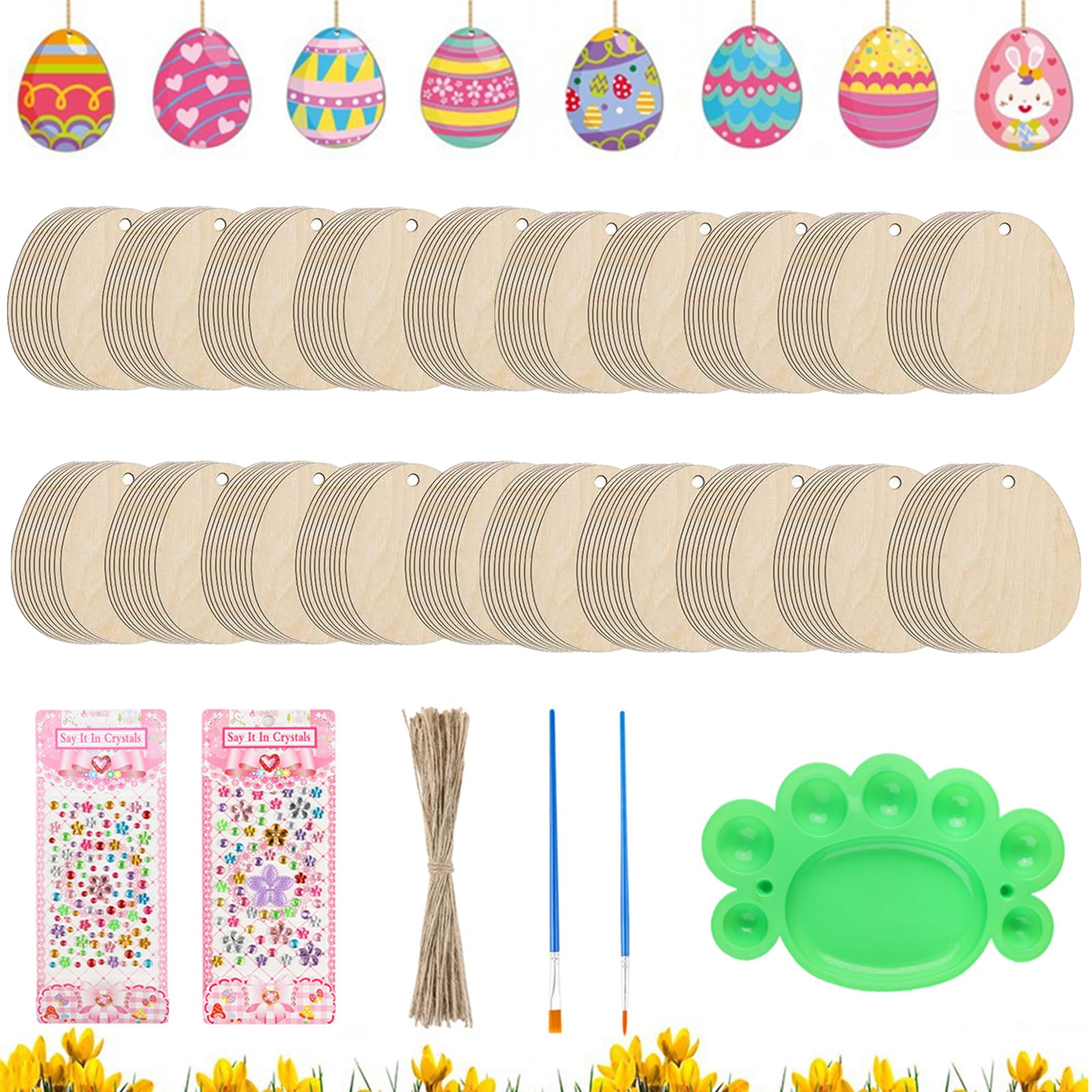 50PCS Easter Wooden Eggs for Crafts, Easter Eggs Painting Set, Easter DIY Eggs Hanging Ornaments with 50 Decorative Lanyard, 2 Diamond Stickers, 1 Painting Tray and 2 Brushes