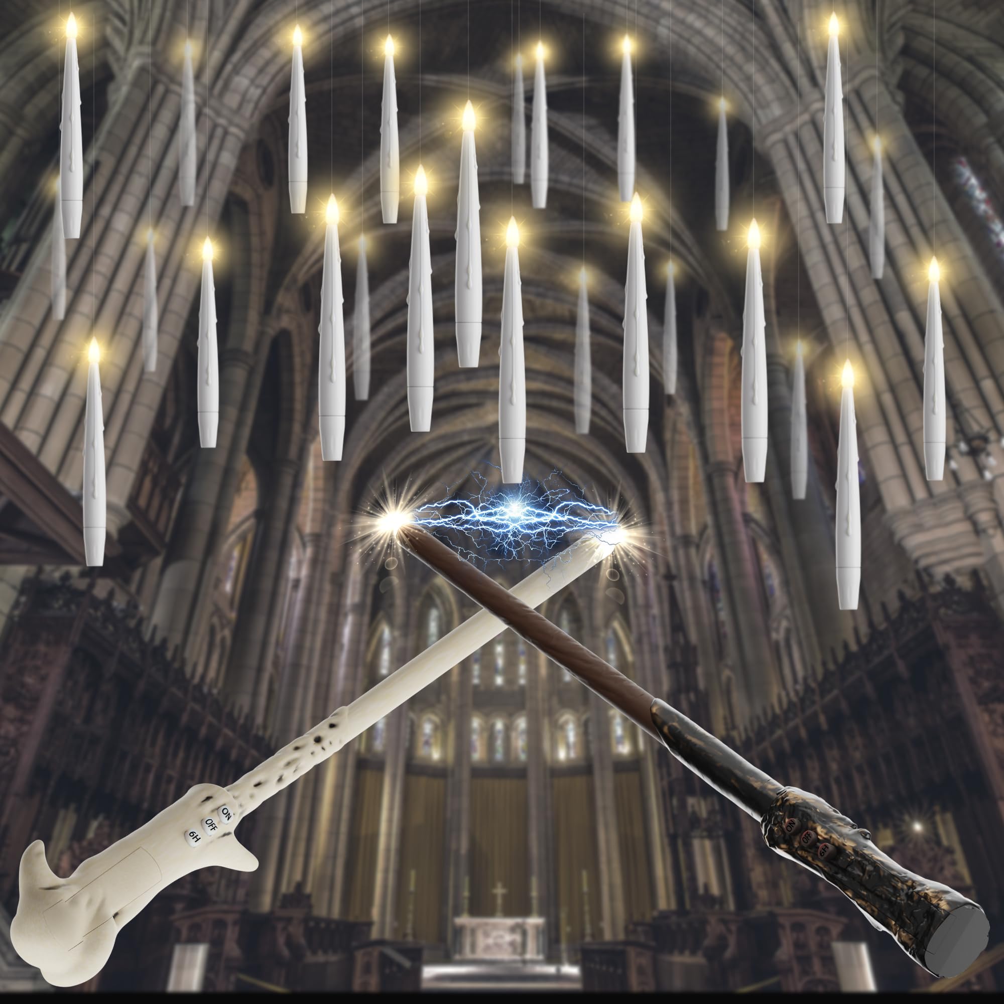 JOIONEFloating Candles with Wand, 20 Pack Halloween Flameless Candles Magic Hanging Candles with 2 Wand Remotes, Battery Operated Taper Candles for Halloween Christmas Birthday Party Decor White