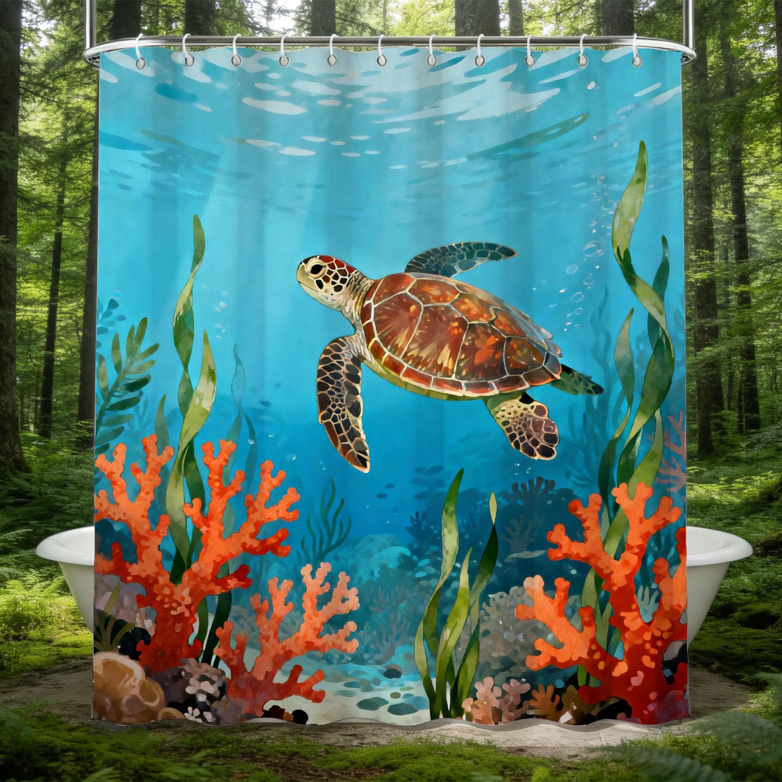 Hongduo 3D Sea Turtle Illustration Shower Curtain for Stalls Bathtubs Marine Life Bathroom Decor Shower Curtain Set Polyester Fabric Waterproof 120x180cm/48X71 Inch with Hooks