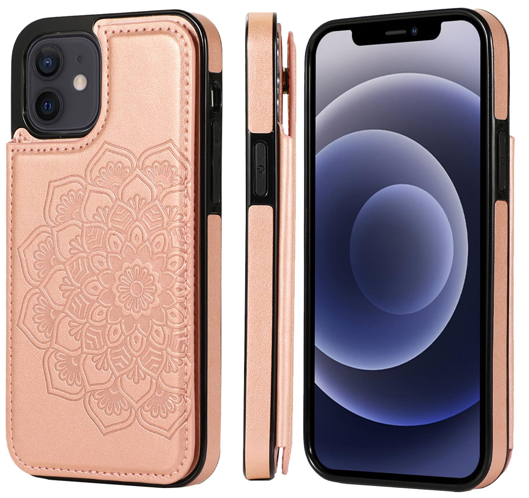 LMDAMZ for iPhone 12 Mini 5.4 Inch Wallet Case with Card Holder, Mandala Embossed Faux PU Leather Double Magnetic Clasp Case Flip Back Wallet Case