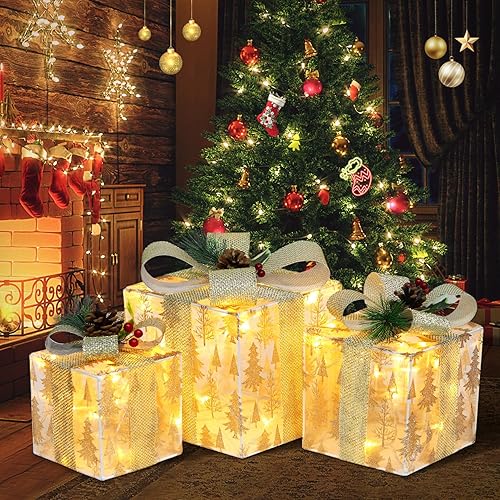 DomKom Juego de 3 cajas de regalo iluminadas de Navidad anidables, decoraciones LED para interiores y exteriores con marco de metal, lazos plateados