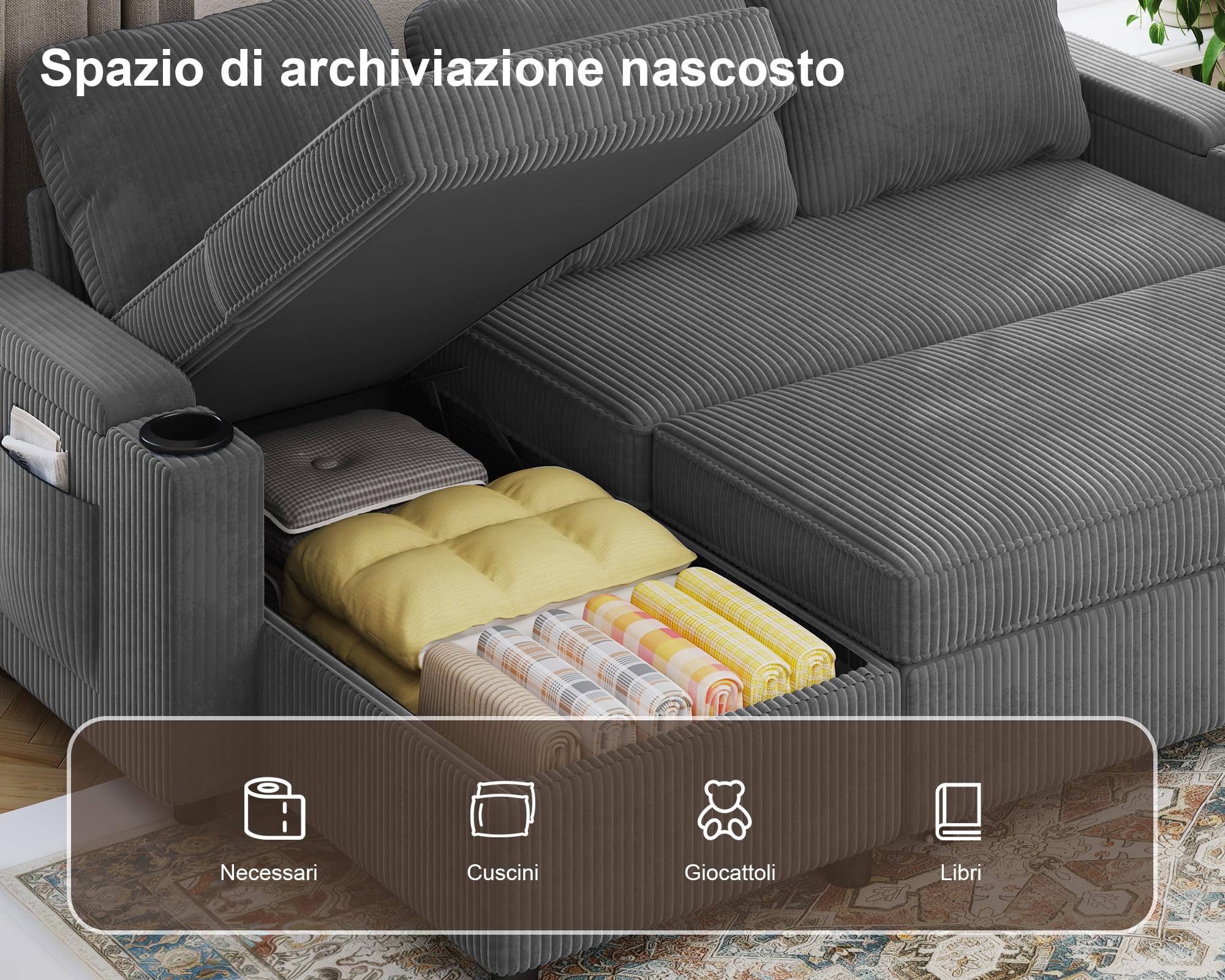 Devoko Divano Letto Chaise Longue a Forma di L, Divano da Salotto Cheslong a 3 Posti Convertibile in Letto, con Contenitore Integrato e Portabicchieri, Tessuto Morbido Beige Grigio Scuro