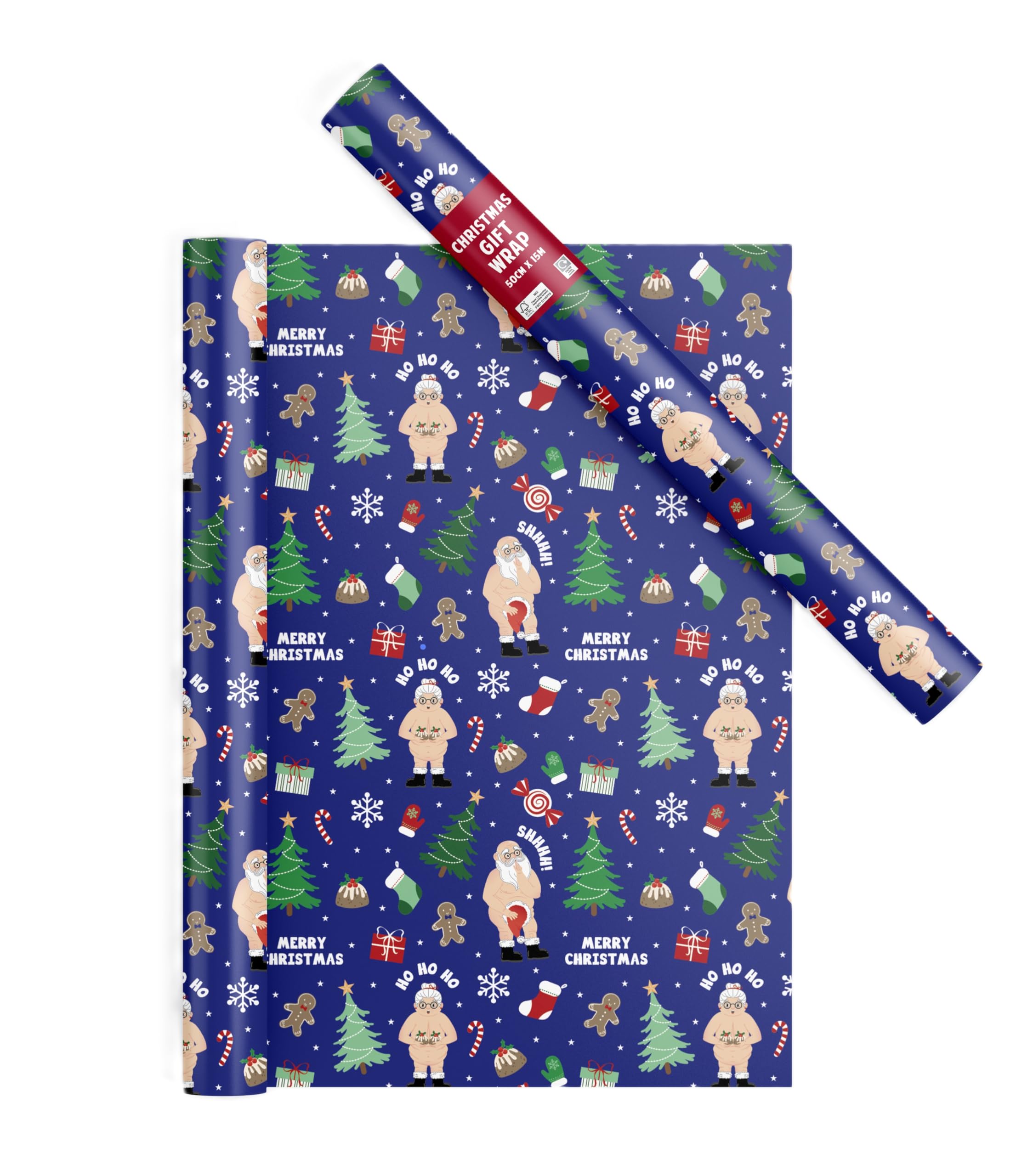 Rude Novelty Christmas Wrapping Paper Roll - Blue Rude Nude Santa Festive Wrap - Novelty Funny Wrap - 50cm x 15m - Joke Xmas Wrapping Paper Roll
