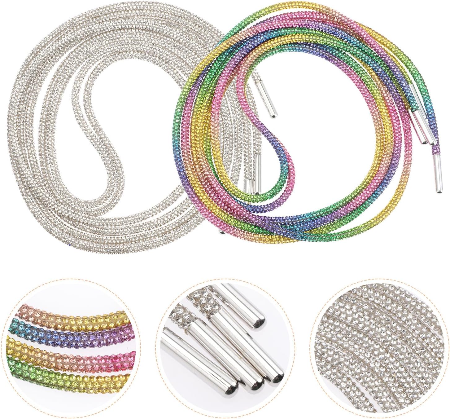 NOLITOY Reflective Rhinestone Shoe Laces 2 Pairs 100cm round Glitter Sports Shoelaces for Sneakers White and Bling Shoe Straps for Adults