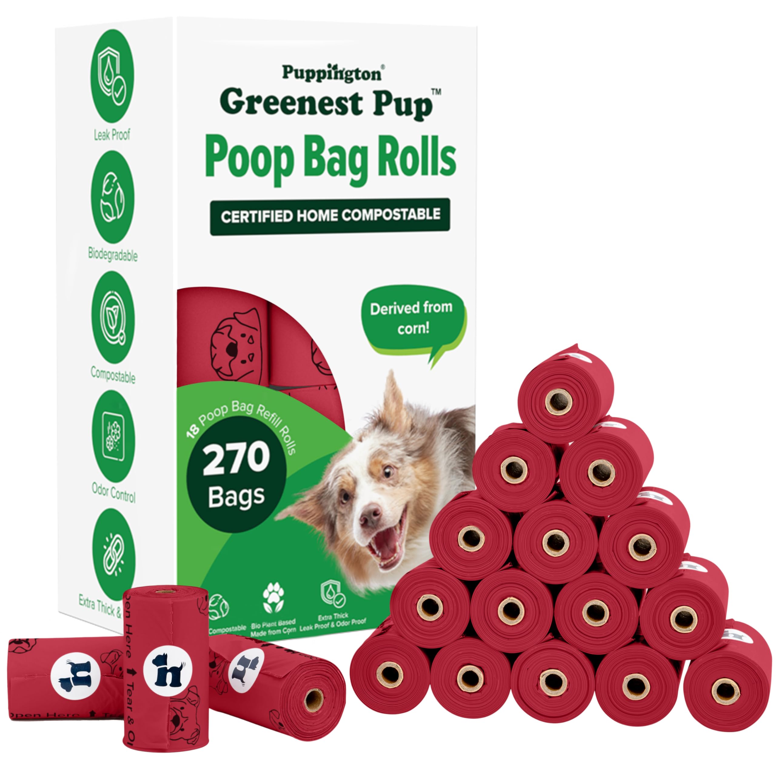 Puppington Certified Home Compostable Poop Bags - ASTM D6400 Compliant - 270 Extra Thick Bags - Plant Based - Pairs with Puppington 3-in-1 Bag & Fits