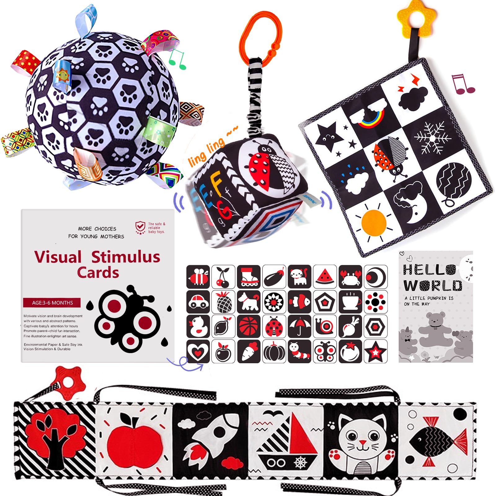Black and White Sensory Toys for Babies, Montessori High Contrast Newborn Toys for 0-6-12M Baby Brain Development Early Learning Newborn Brain Development Toddlers Kids Gifts