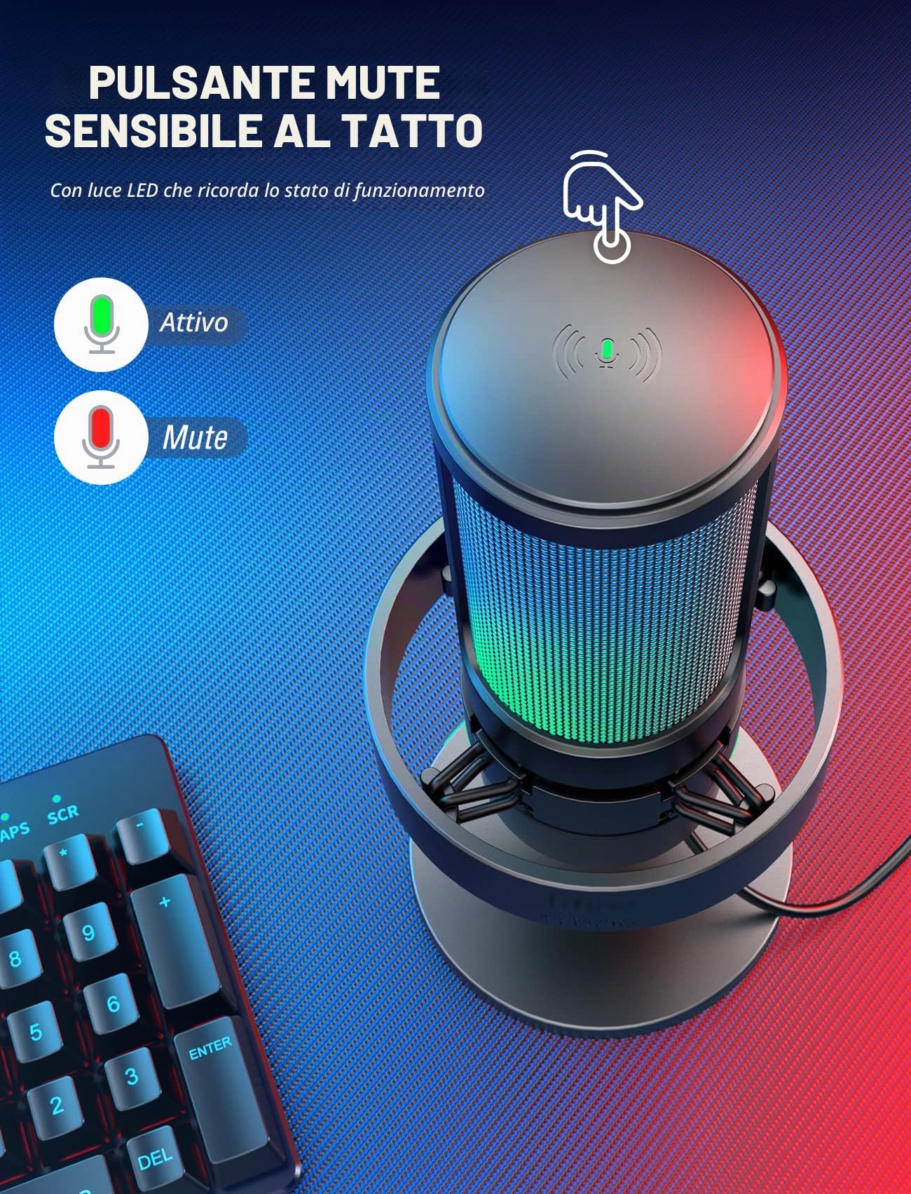 FIFINE USB Microfono per PC Gaming PS4 PS5, RGB Microfono a Condensatore per Streaming, Podcasts, con Controllo RGB, Tocco Muto, Jack per Cuffie e Filtro Anti-Pop