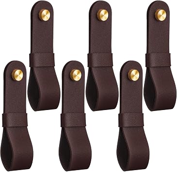 CroBlissful 6 Pcs Leather Curtain Rod Holders PU Leather Curtain Rod Bracket Mounted Loop Straps with Screws and Plastic Wall Plugs, Boho Pole Hanger Hook for Towel Oar Home Wall Display Dark Brown
